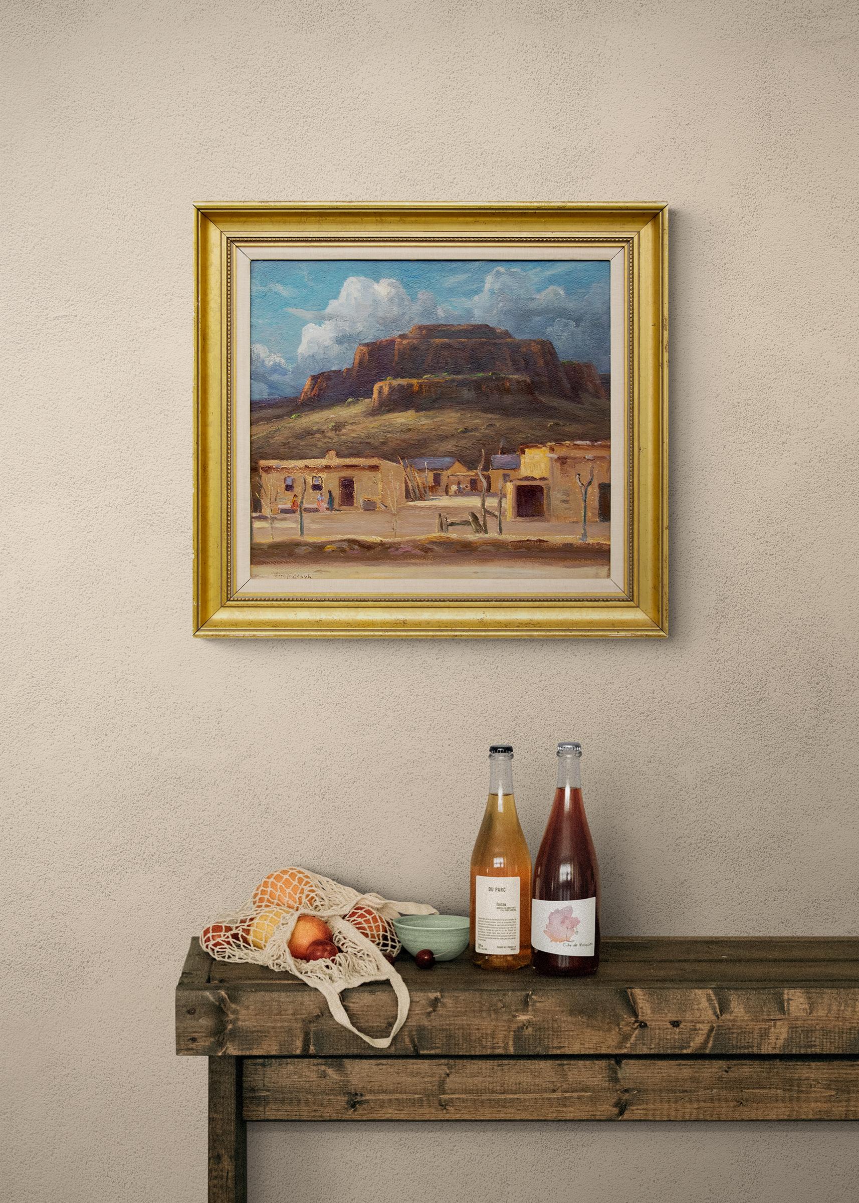 Pueblo près de Santa Fe, Nouveau-Mexique, peinture à l'huile de paysage du sud-ouest des années 1930 en vente 3