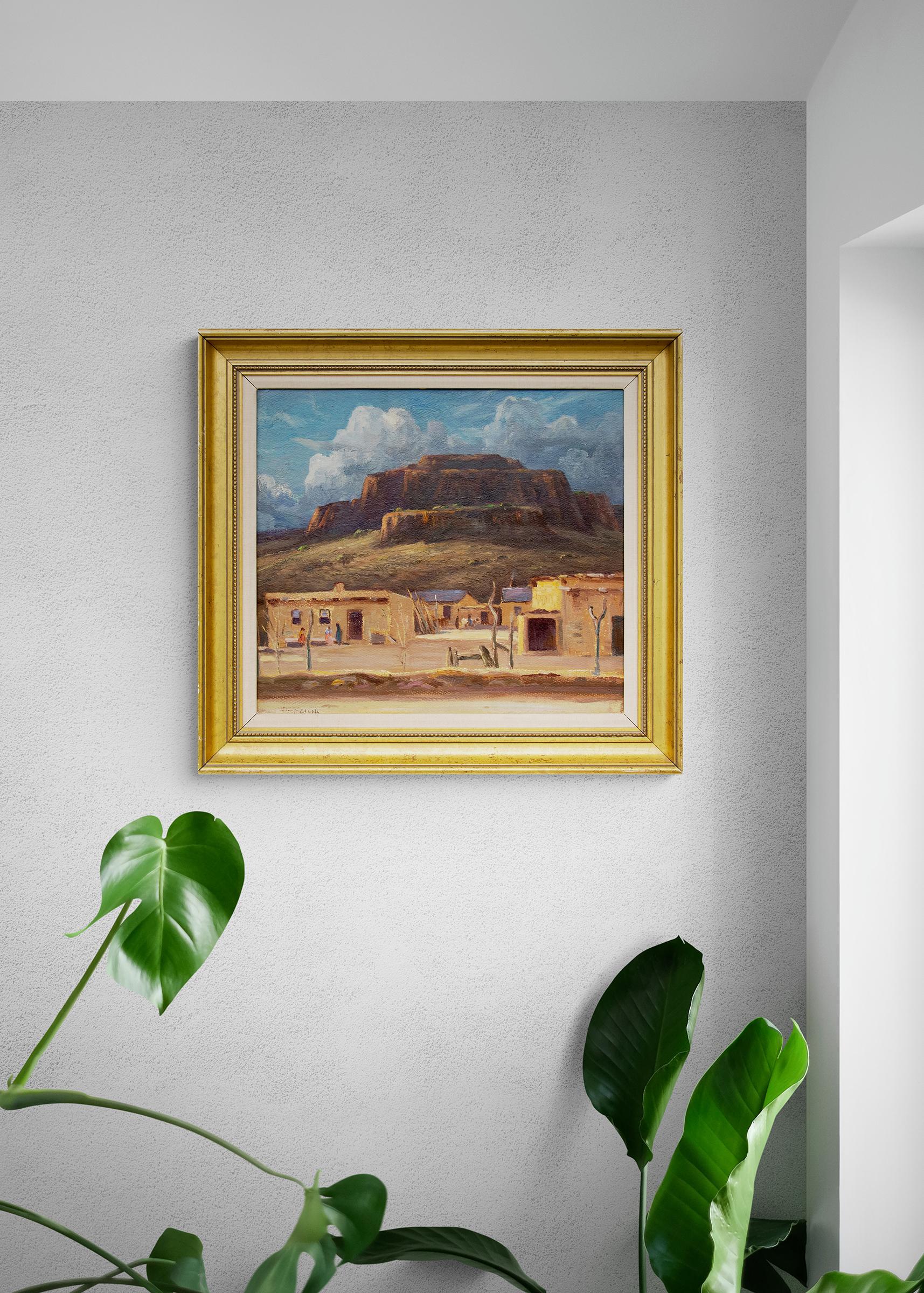 Pueblo près de Santa Fe, Nouveau-Mexique, peinture à l'huile de paysage du sud-ouest des années 1930 en vente 6