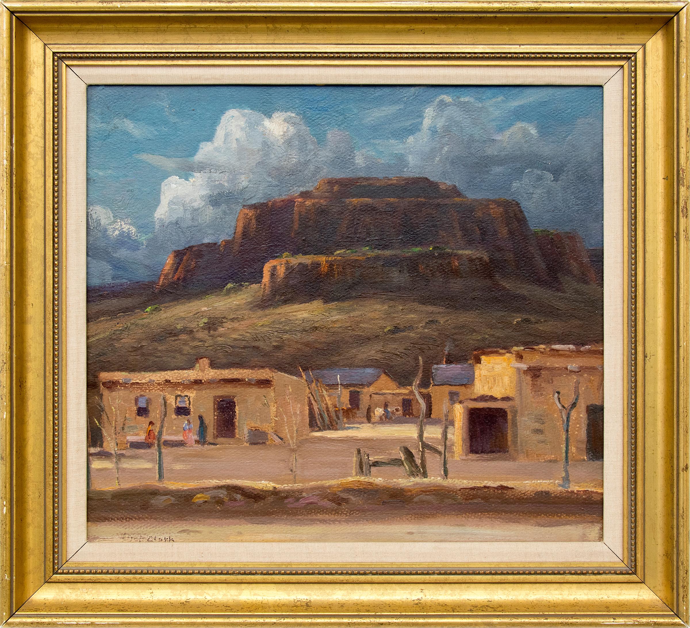 Pueblo près de Santa Fe, Nouveau-Mexique, peinture à l'huile de paysage du sud-ouest des années 1930