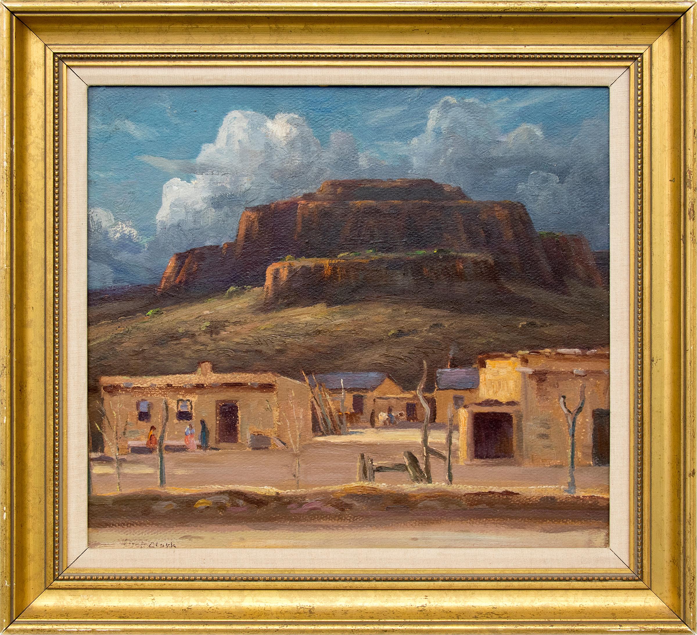 Pintura al óleo de paisaje del suroeste de 1930 de Pueblo cerca de Santa Fe, Nuevo México - Painting de Eliot Candee Clark