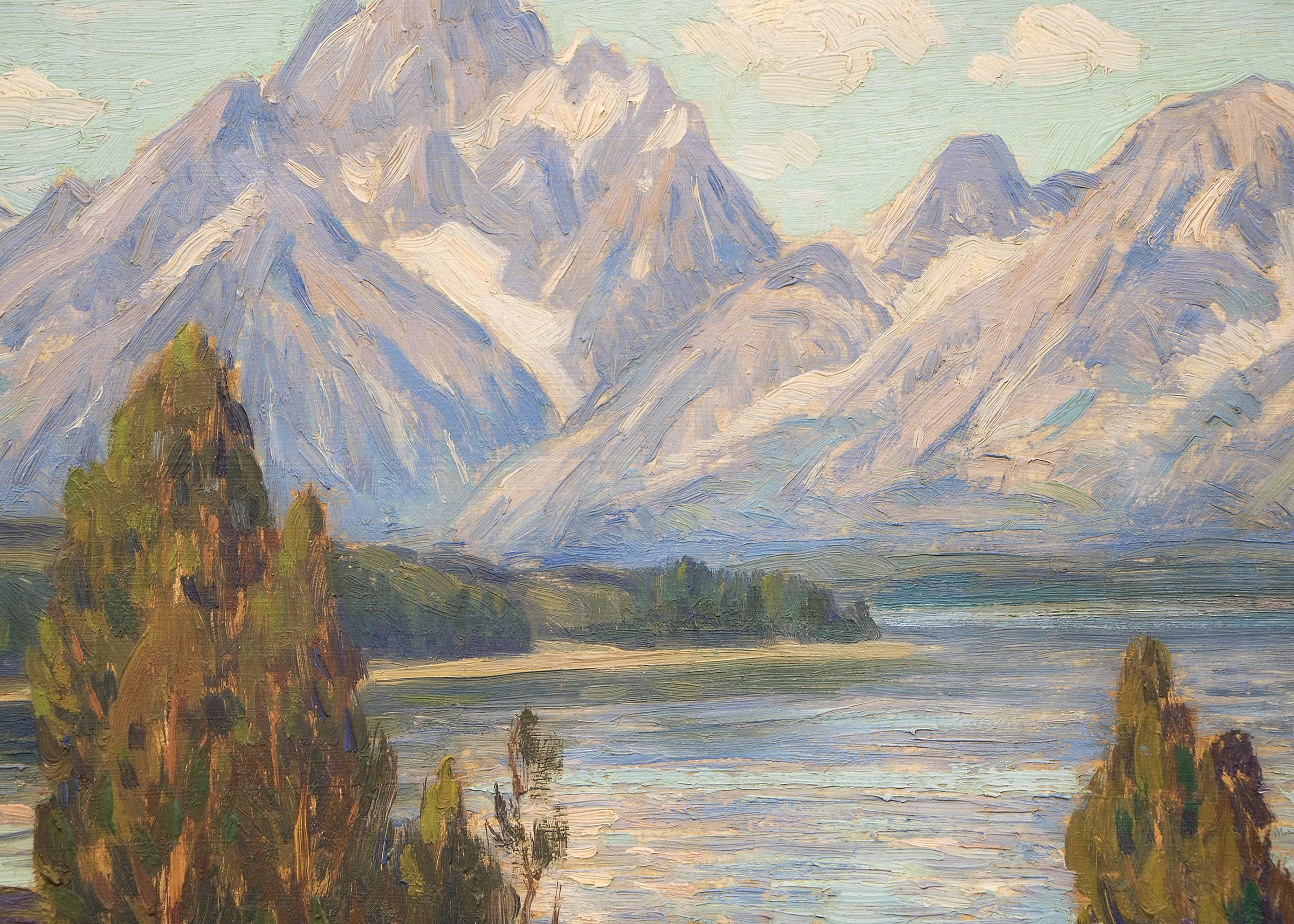 An original oil painting by Eliot Clark (1883-1980), a mountain landscape of Jackson Lake and the Grand Tetons in Wyoming.  Presented in a custom frame, outer dimensions measure 19 ½ x 23 ½ x 1 ¼ inches.  Image size is 14 x 18 inches.

Eliot Clark