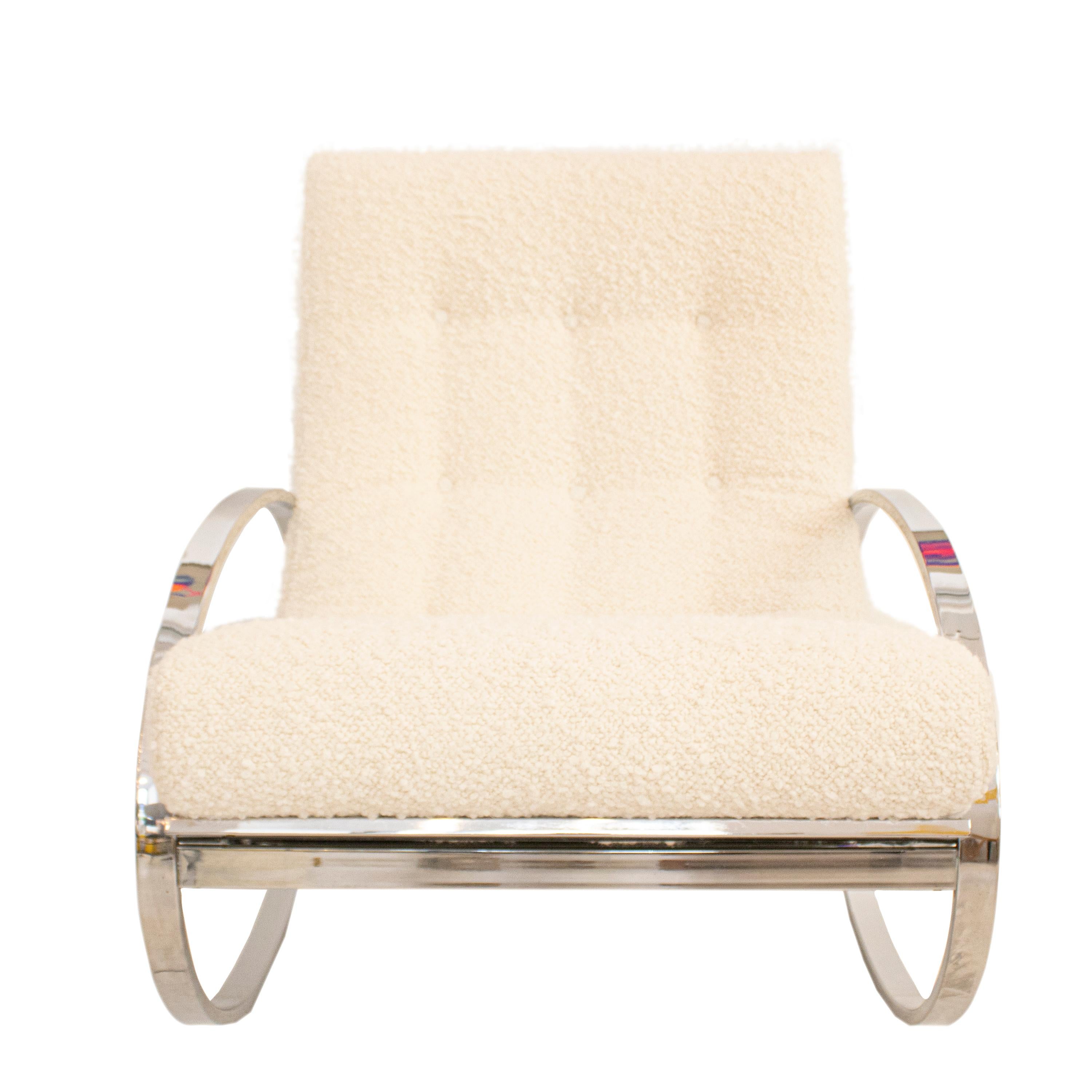 Rocking chair in bouclé fabric with chromed steel structure, designed by the well-known artist Renato Zevi during the 1970s.

BIO:

Best known for his inimitable Ellipse rocking chair, Italian furniture designer Renato Zevi worked with gilded
