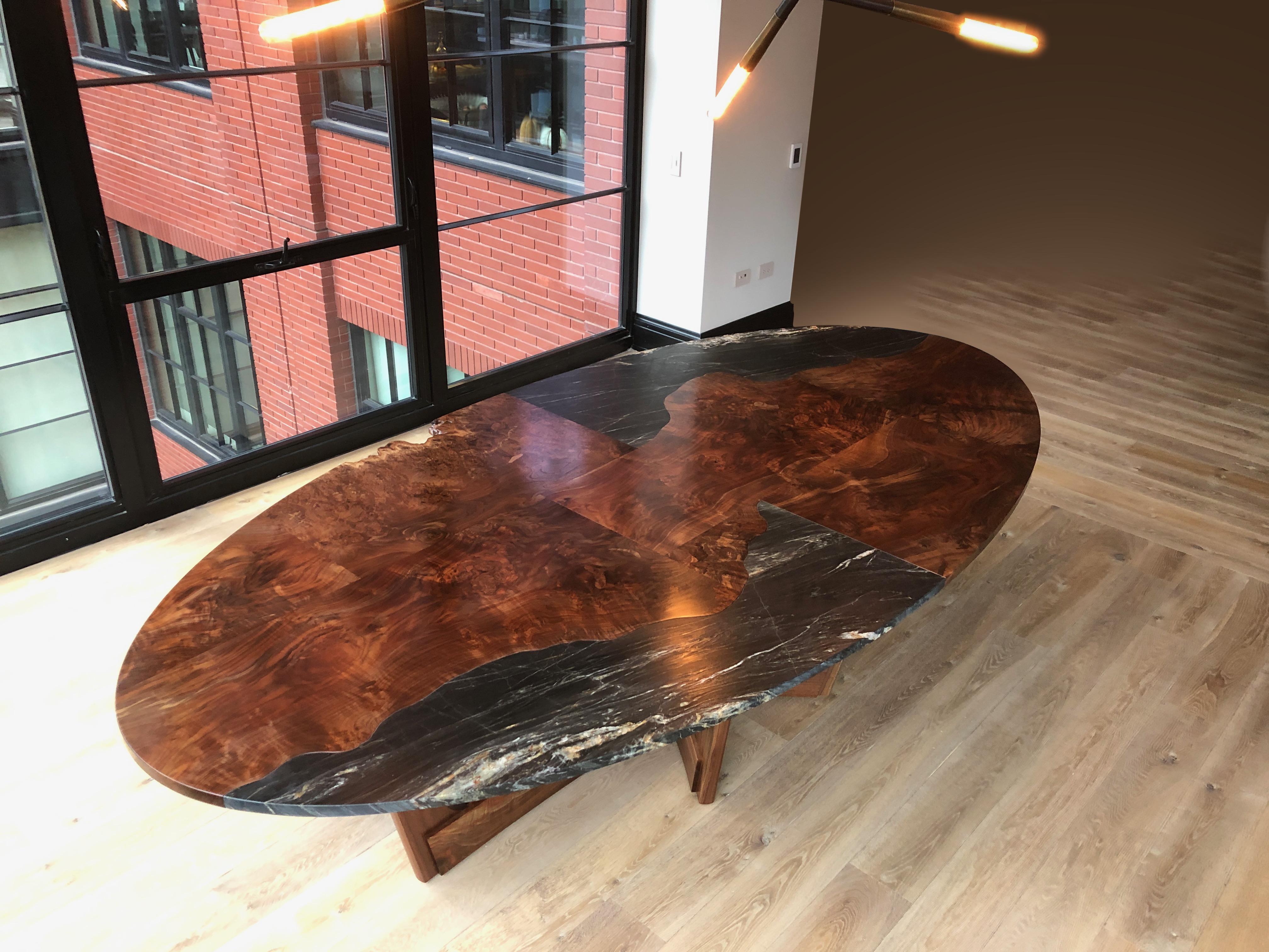 Eliptical Claro Walnut and Granite Dining Table with Modern StarShaped