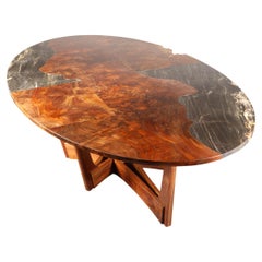 Eliptical Claro Walnut and Granite Dining Table with Modern Star-Shaped Base