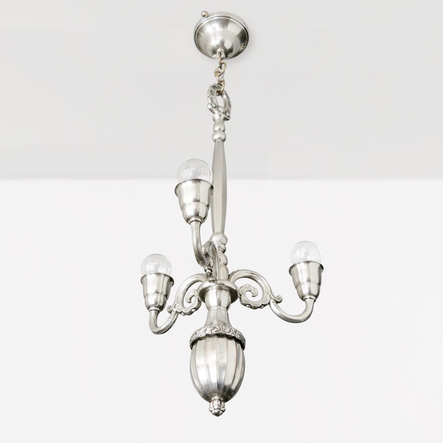 Elis Bergh 3-Arm Silver Plated Chandelier for C.G. Hallberg, Sweden In Good Condition For Sale In New York, NY