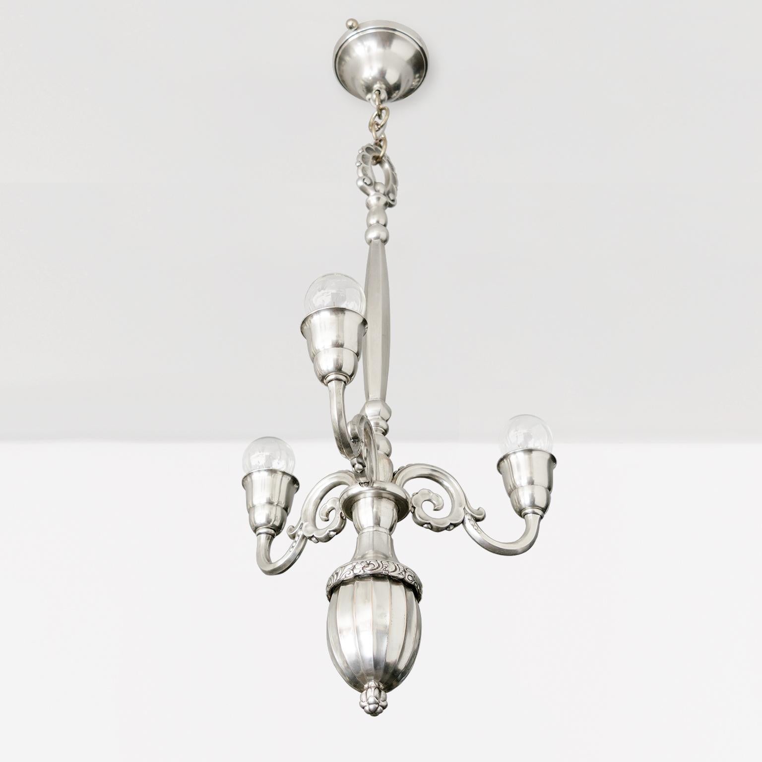 Early 20th Century Elis Bergh 3-Arm Silver Plated Chandelier for C.G. Hallberg, Sweden For Sale