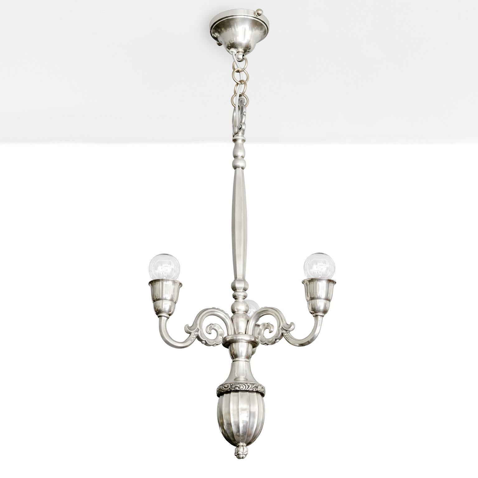 Elis Bergh 3-Arm Silver Plated Chandelier for C.G. Hallberg, Sweden For Sale 1