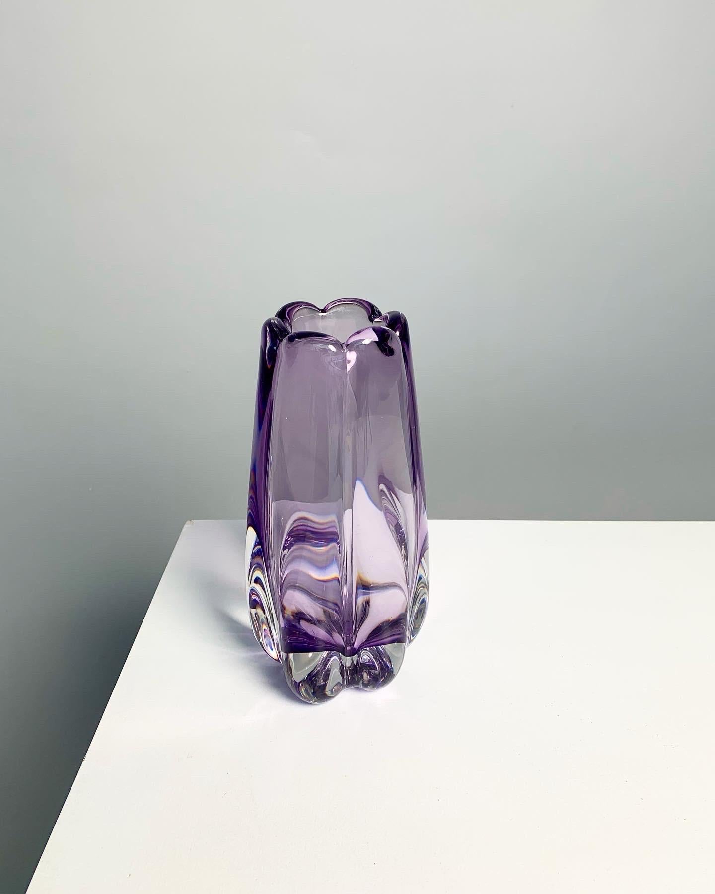 Swedish Elis Bergh Crystal Glass Vase Amethyst Colored Sommerso Kosta Sweden 1940s