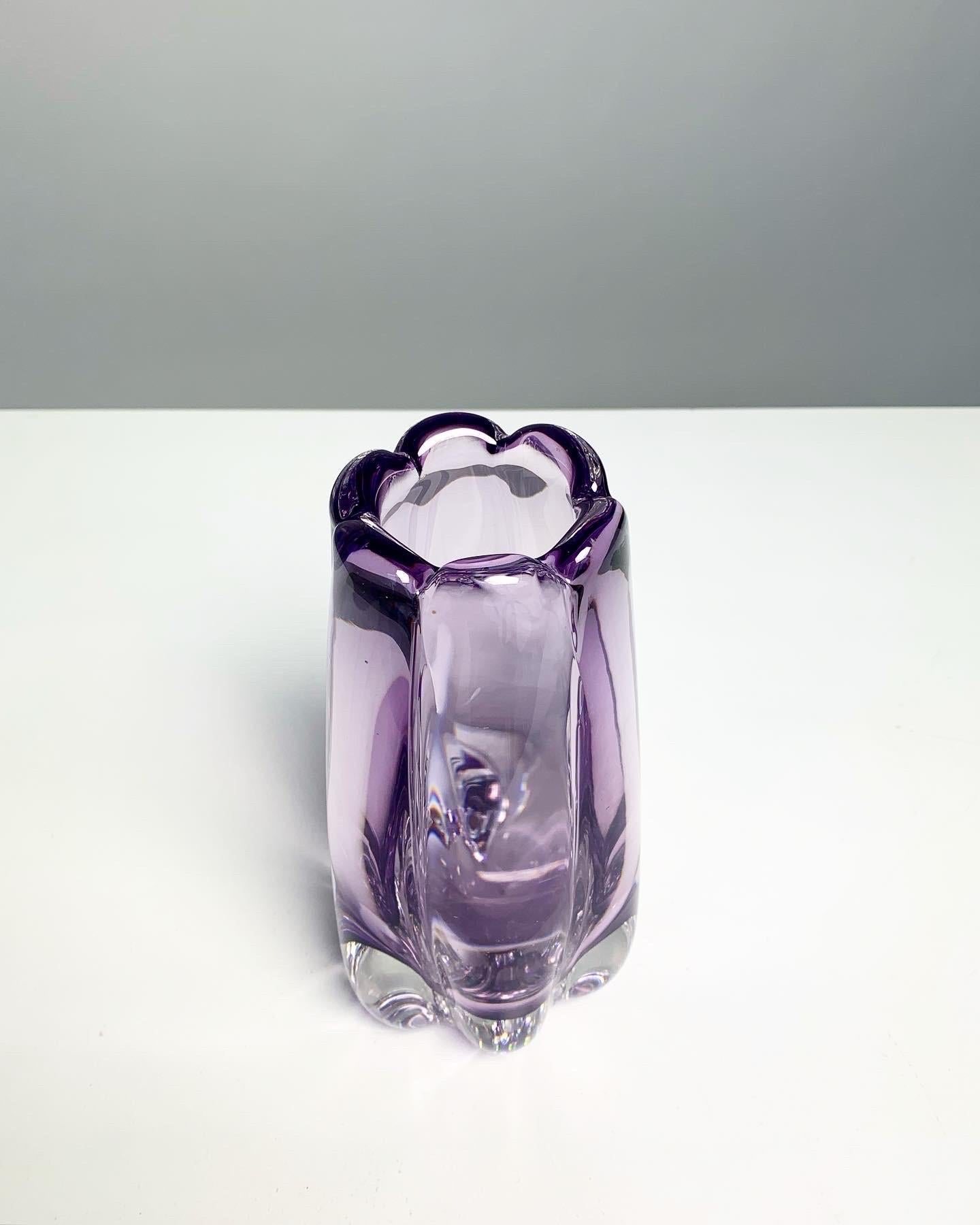 Hand-Crafted Elis Bergh Crystal Glass Vase Amethyst Colored Sommerso Kosta Sweden 1940s