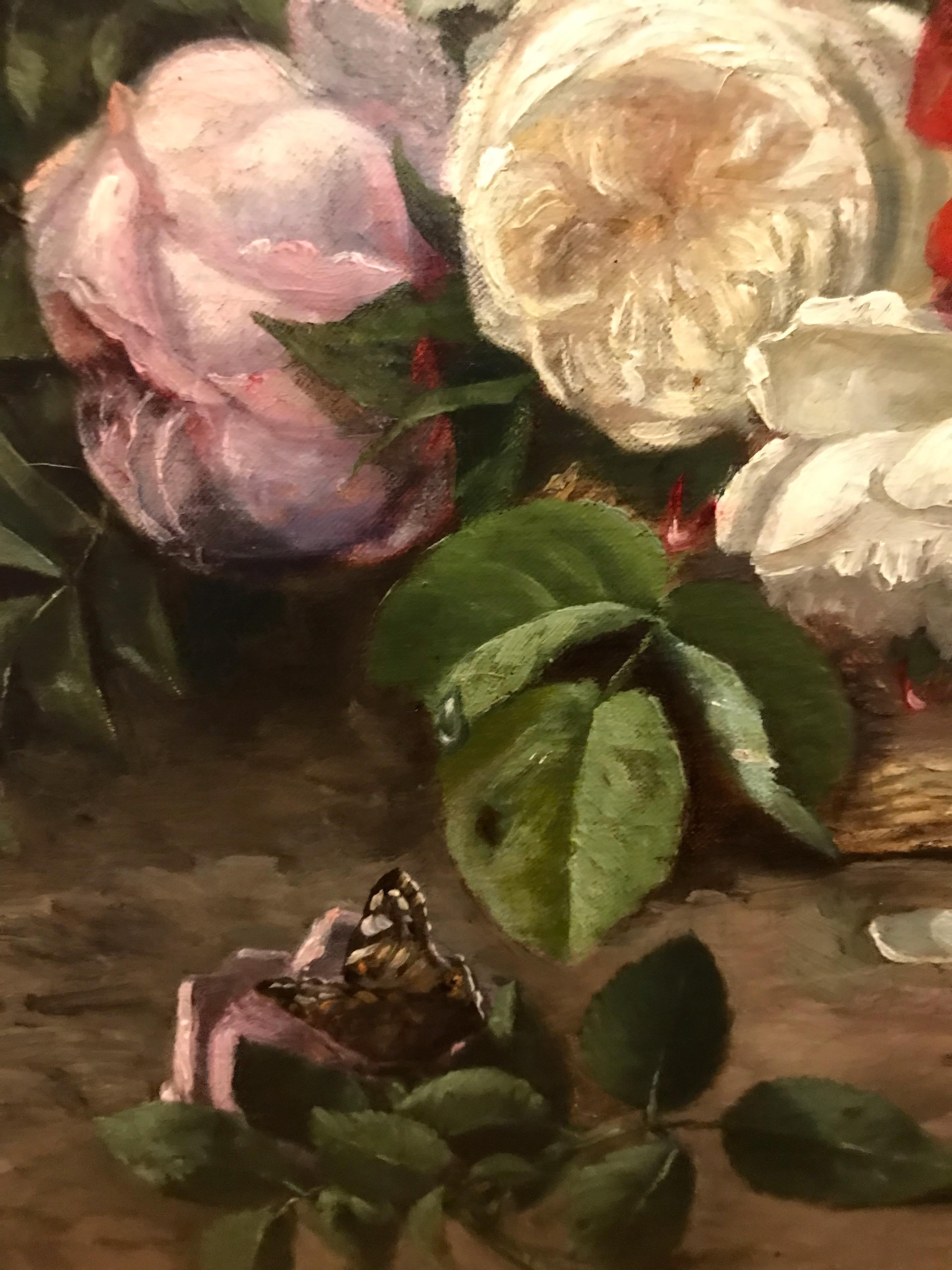 Still Life Flowers and Butterfly - Painting 19th century For Sale 5