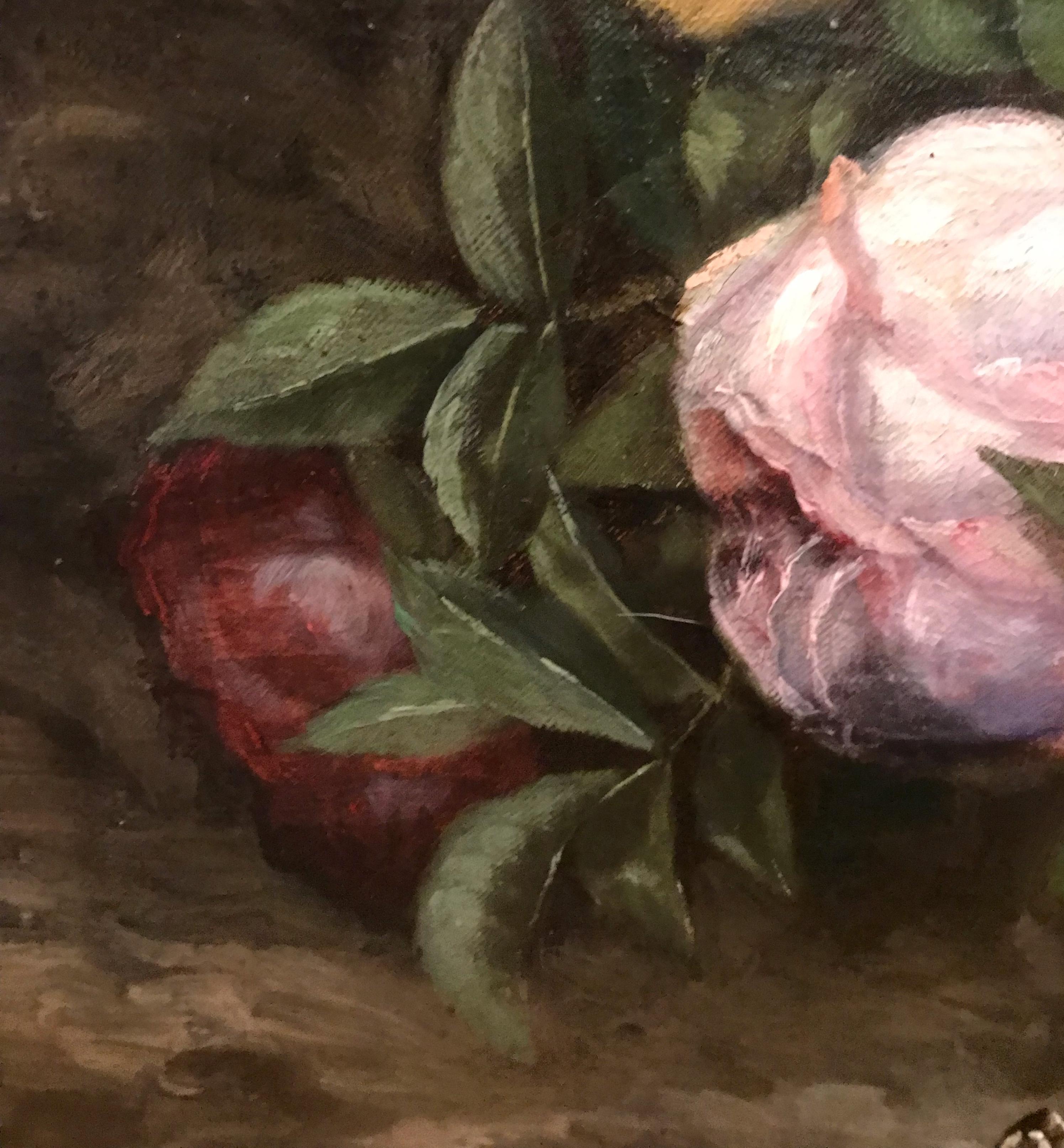 Bodegón Flores y Mariposa - Pintura Siglo XIX en venta 7