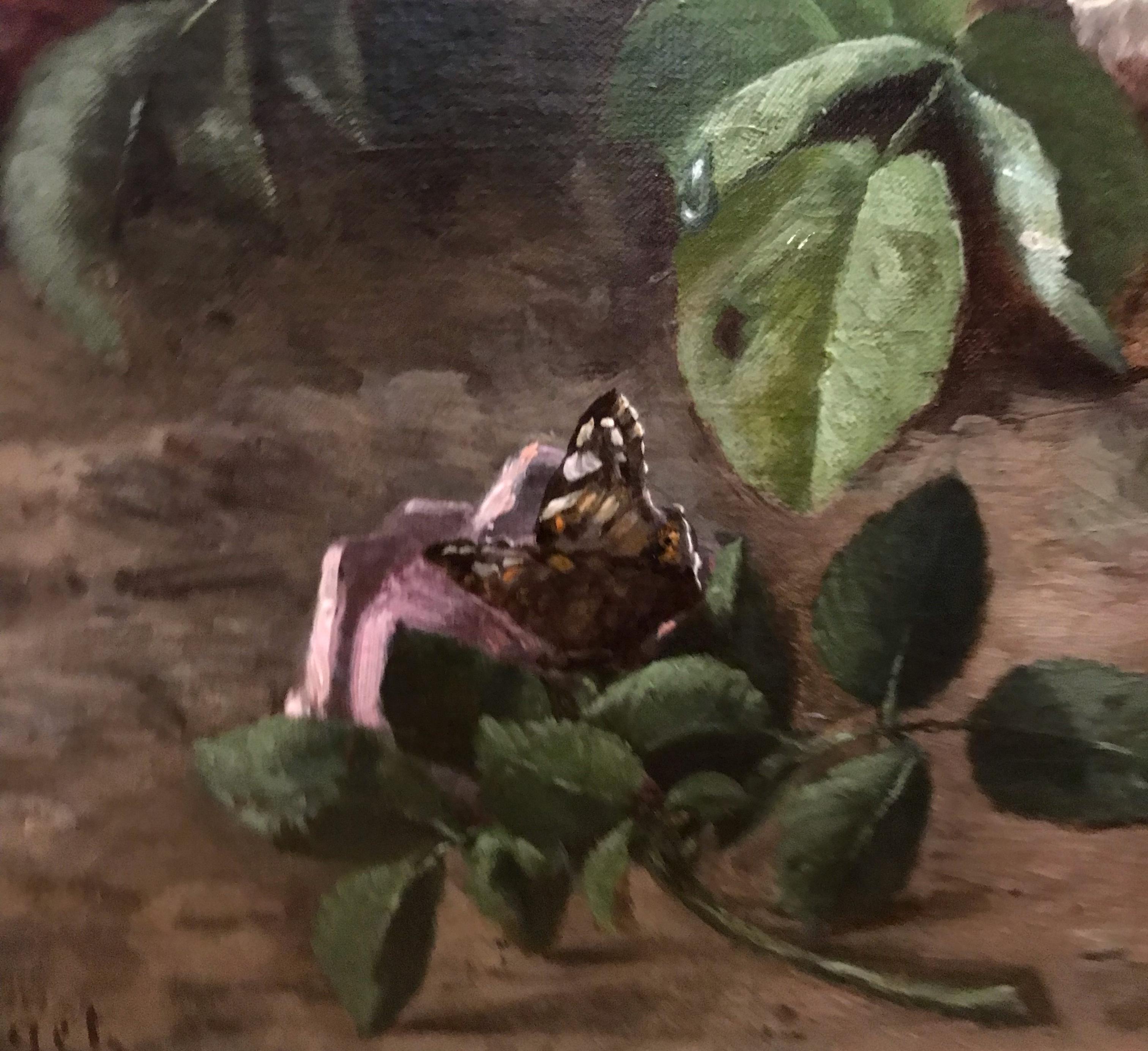 Bodegón Flores y Mariposa - Pintura Siglo XIX en venta 12