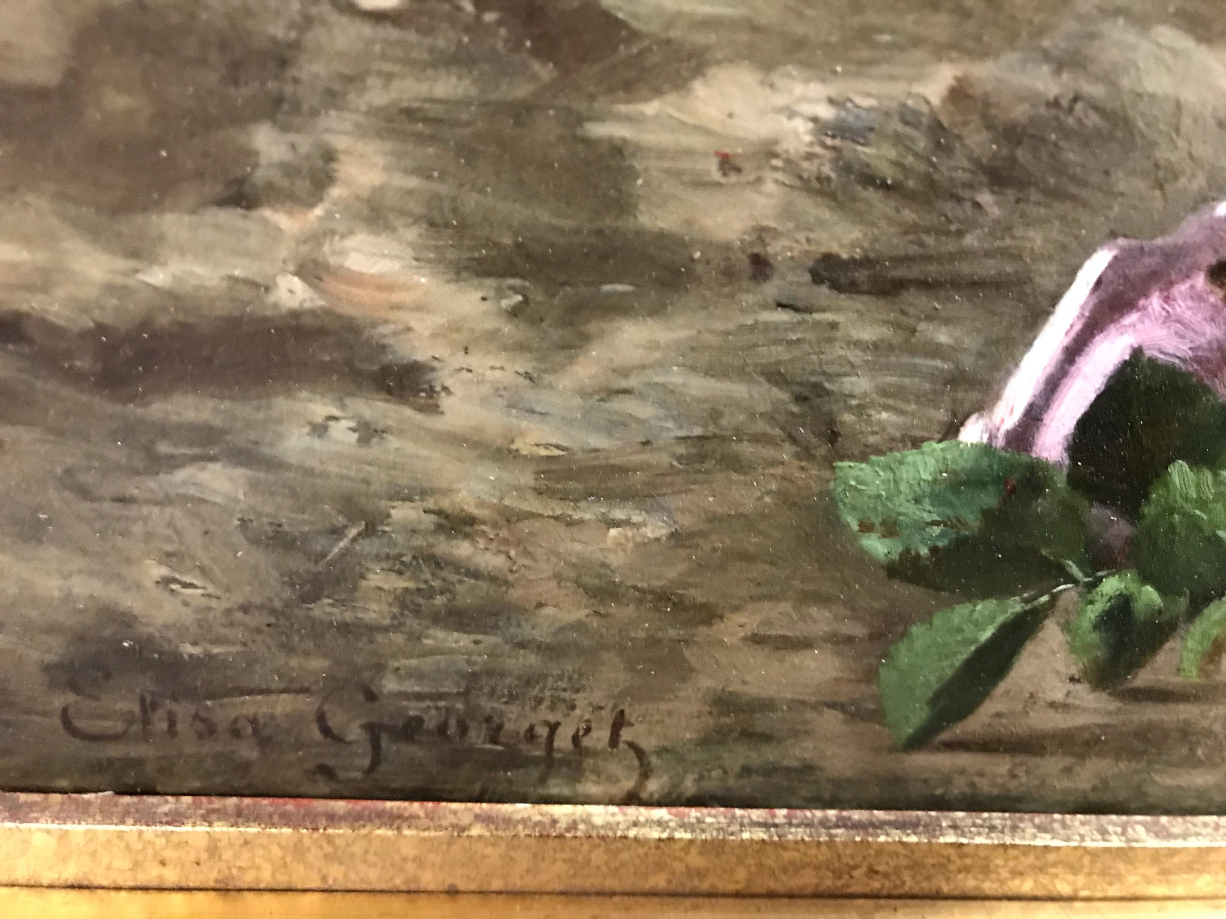 Bodegón Flores y Mariposa - Pintura Siglo XIX - Still-Life Painting Marrón de Elisa-Antoinette Georget