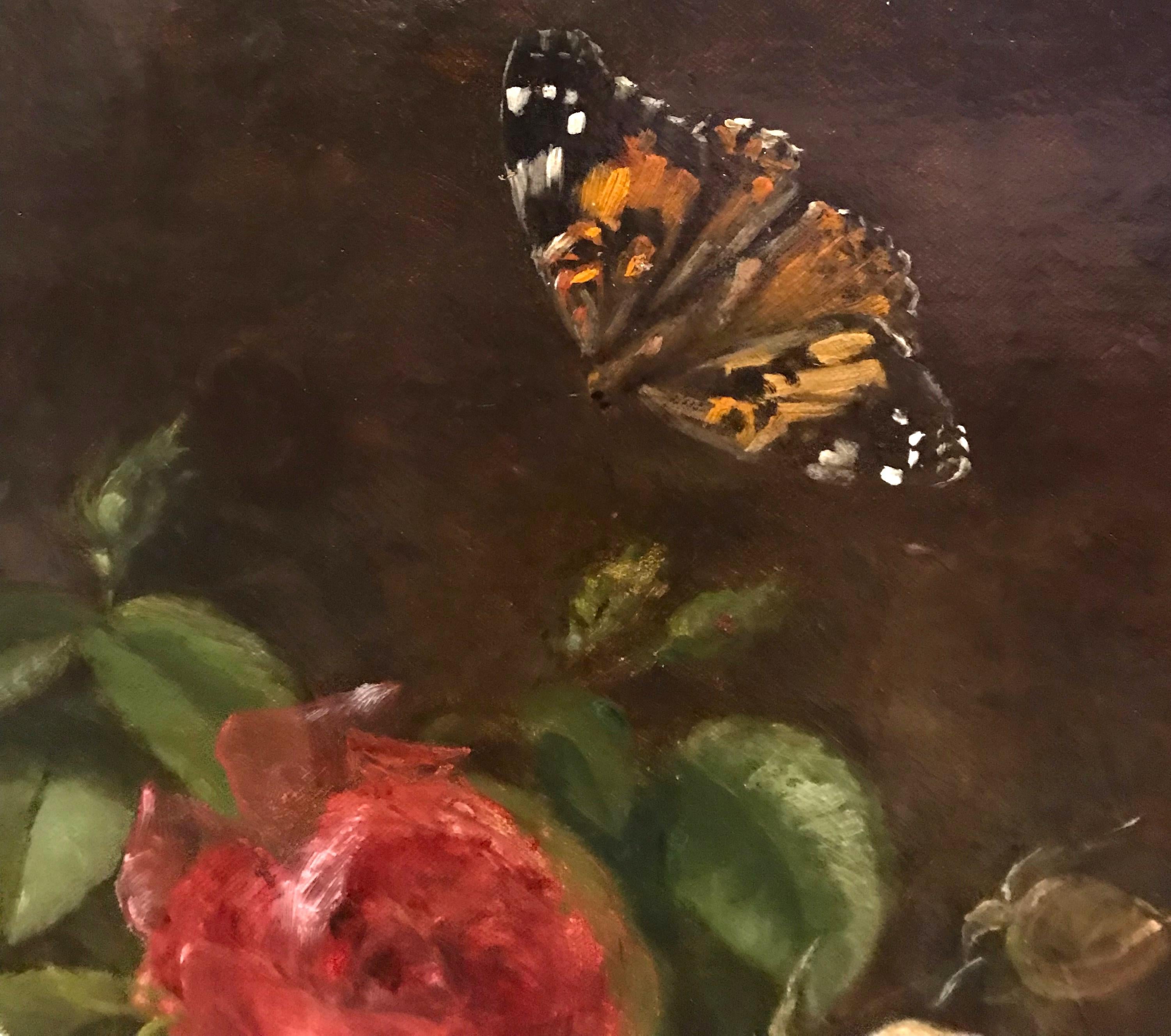 Still Life Flowers and Butterfly - Painting 19th century - Brown Still-Life Painting by Elisa-Antoinette Georget