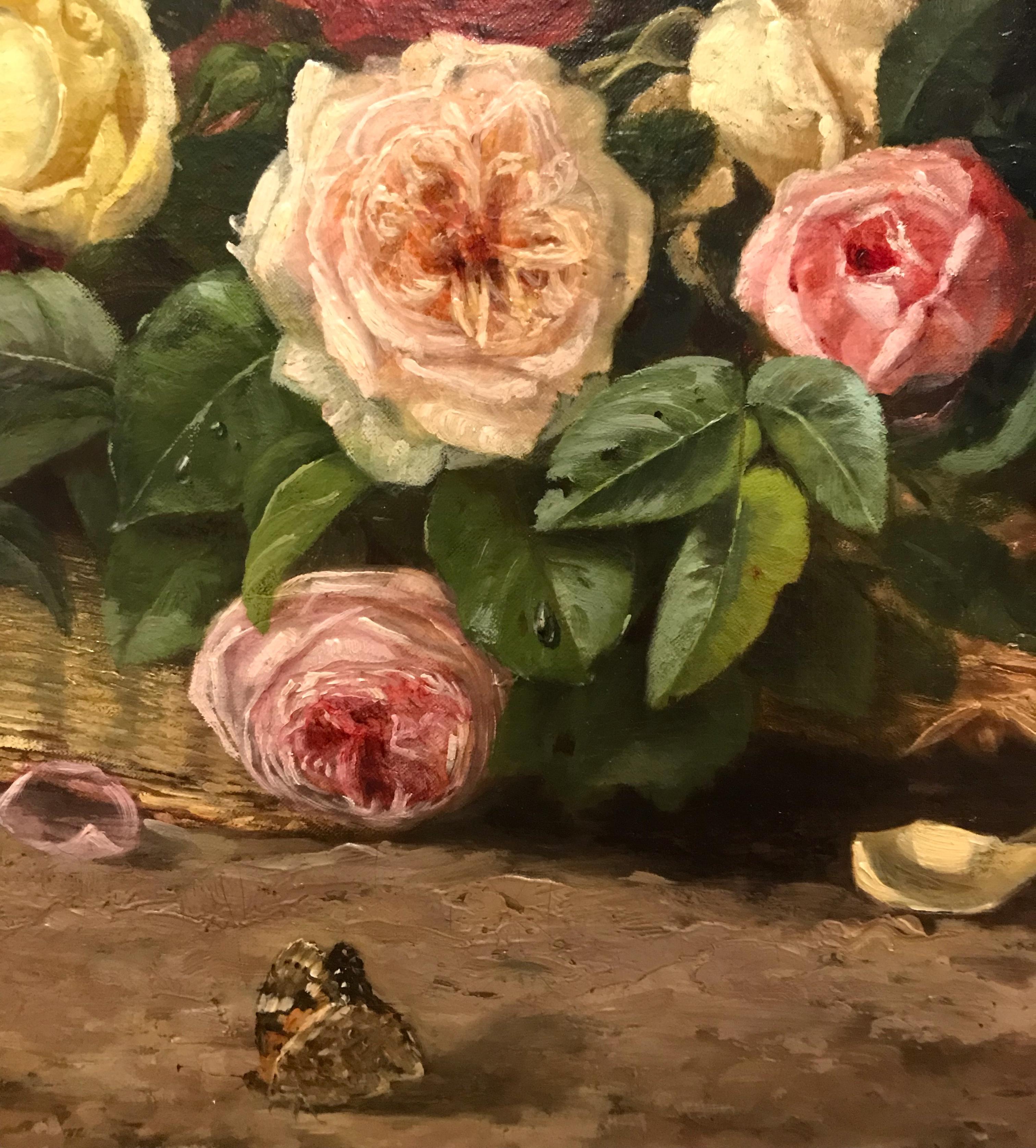 Bodegón Flores y Mariposa - Pintura Siglo XIX en venta 1