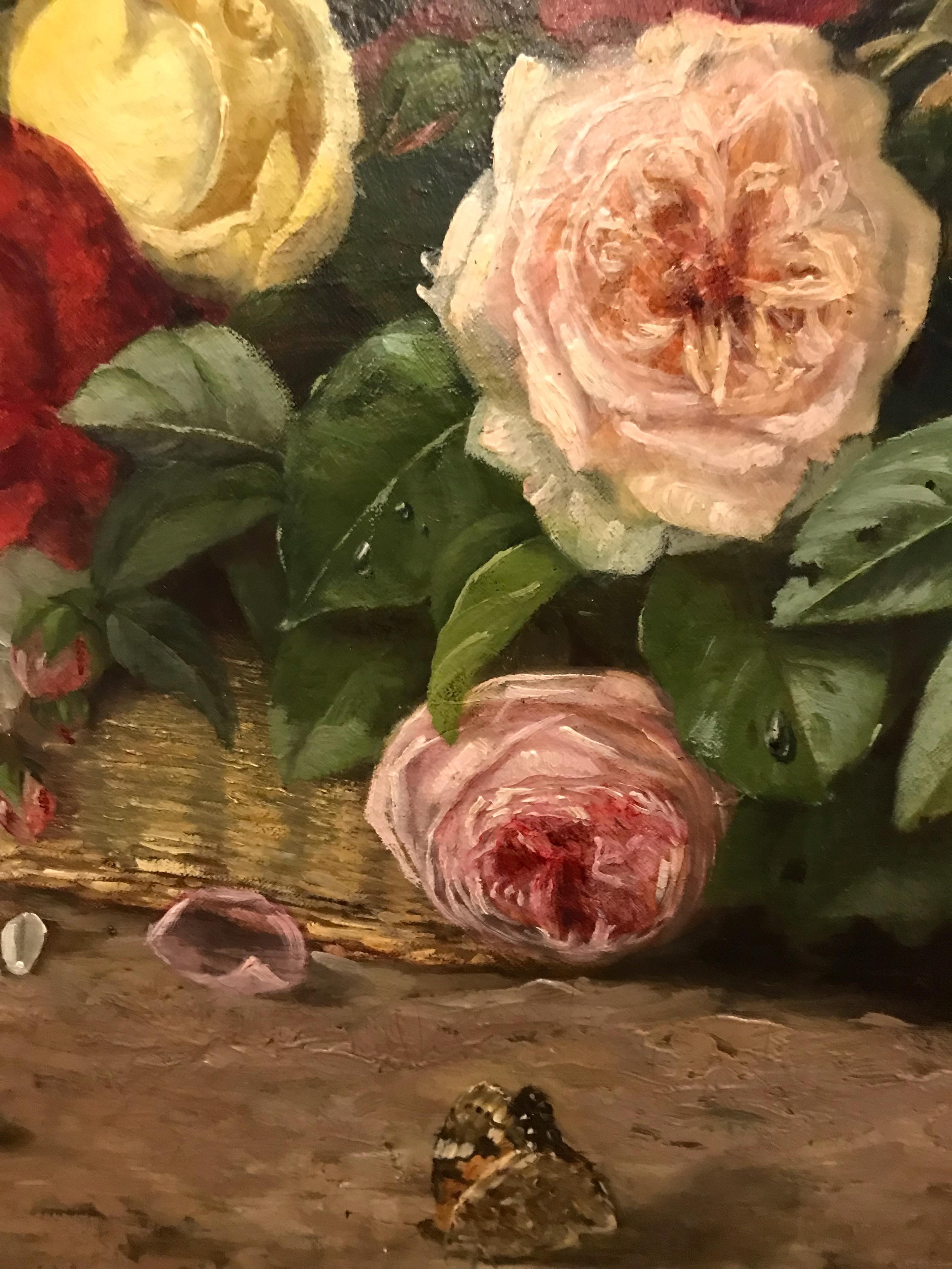 Still Life Flowers and Butterfly - Painting 19th century For Sale 1