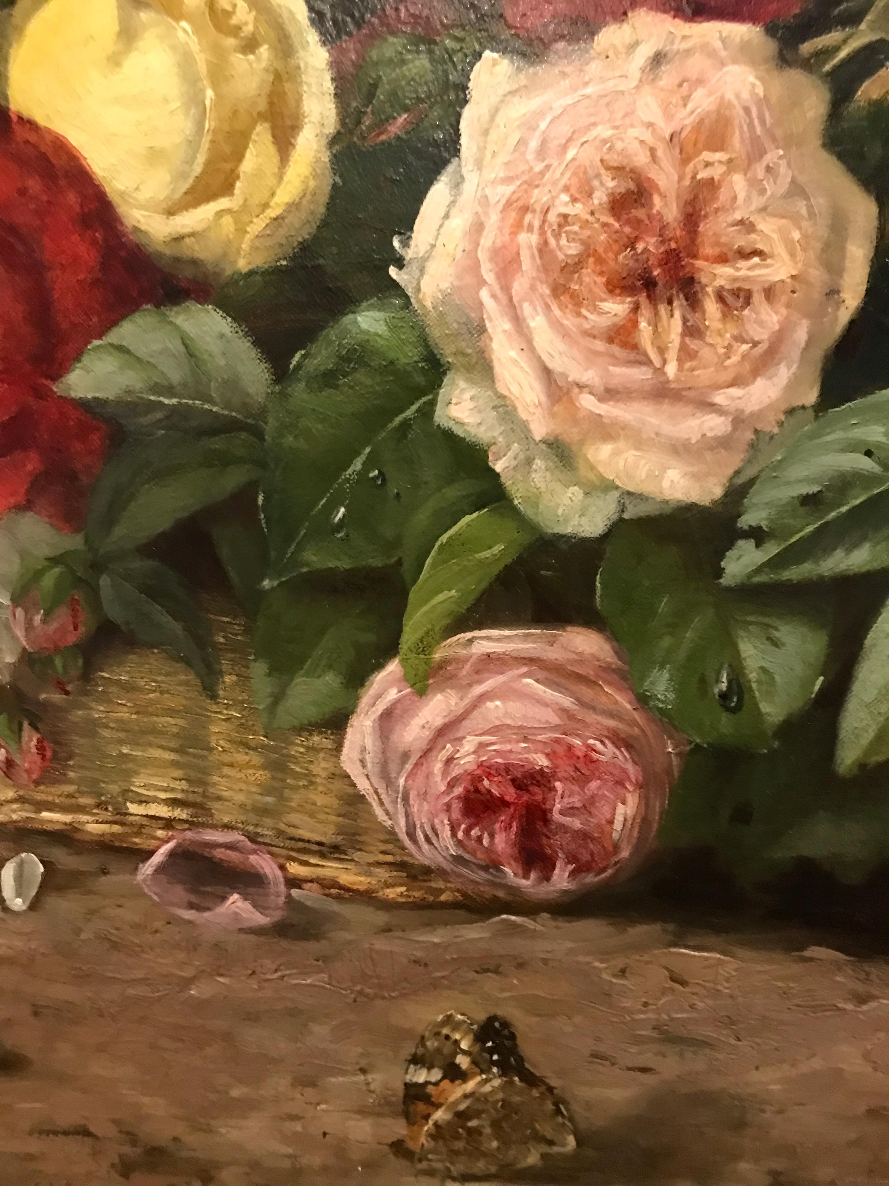Bodegón Flores y Mariposa - Pintura Siglo XIX en venta 2