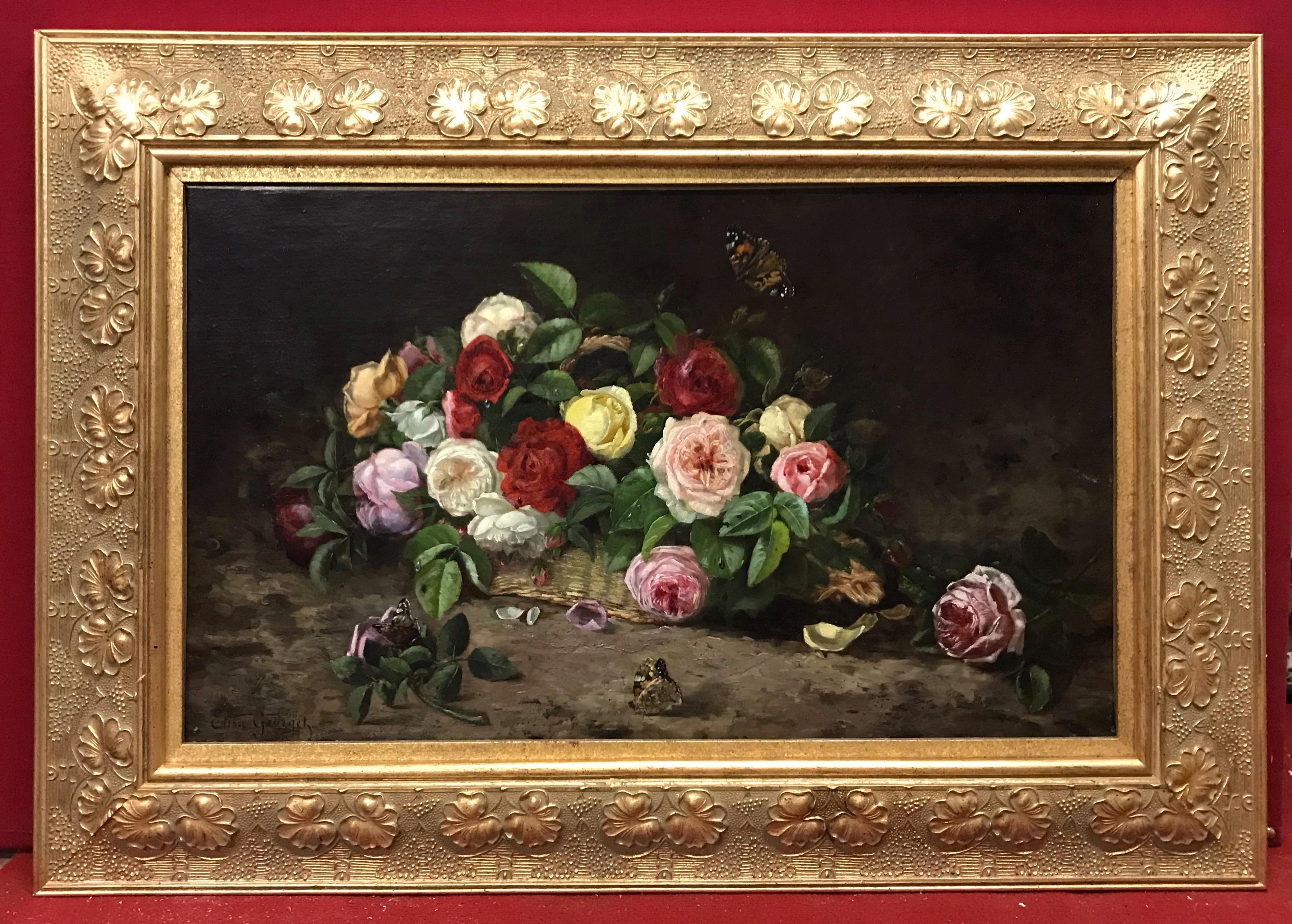 Still-Life Painting de Elisa-Antoinette Georget - Bodegón Flores y Mariposa - Pintura Siglo XIX