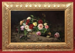 Antique Still Life Flowers and Butterfly - Painting 19th century