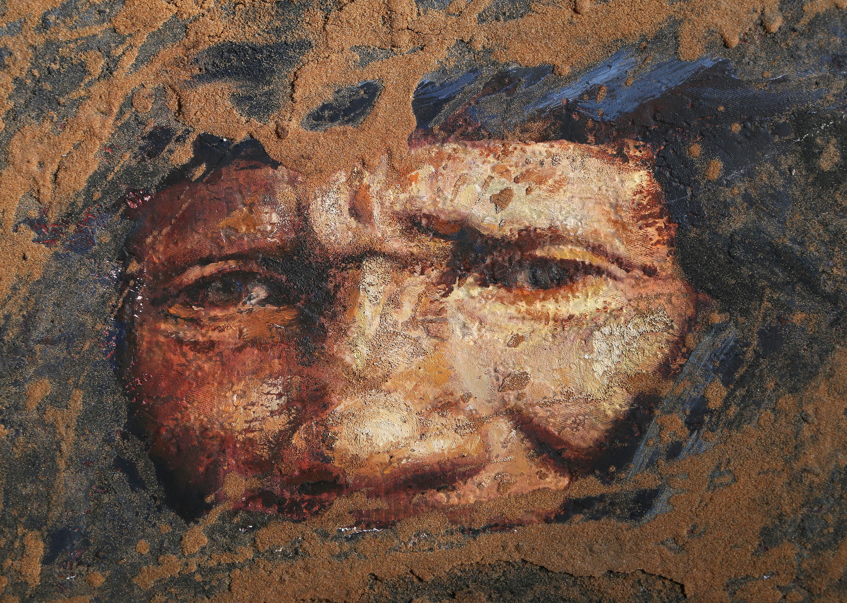 Portrait of Man, Surrealist Mixed Media Painting by Elisa Merino For Sale 1