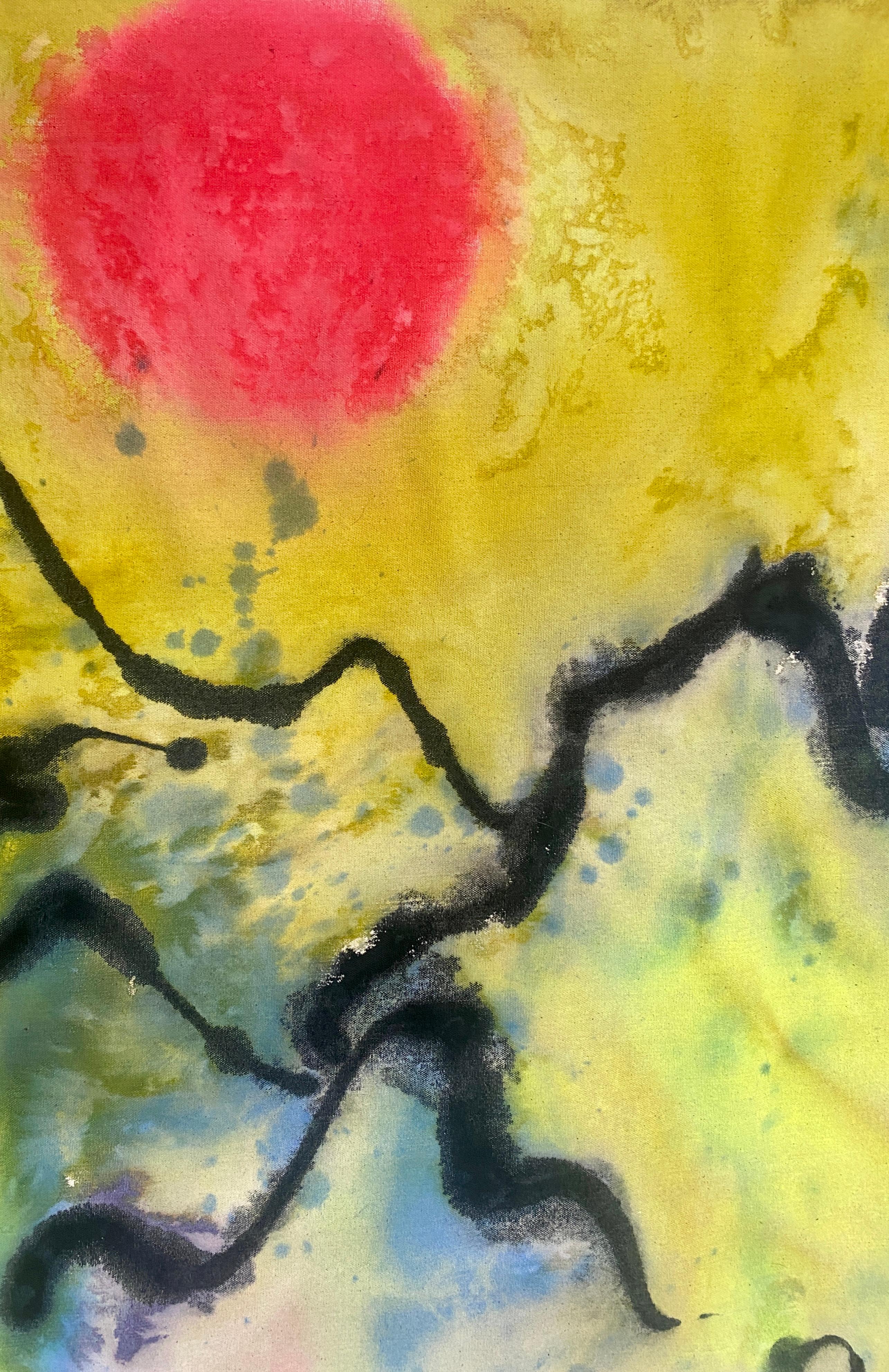 Eden – farbenfrohes abstraktes Landschaftsgemälde in Schmelzverfahren, Acryl auf roher Leinwand – Painting von Elisa Niva