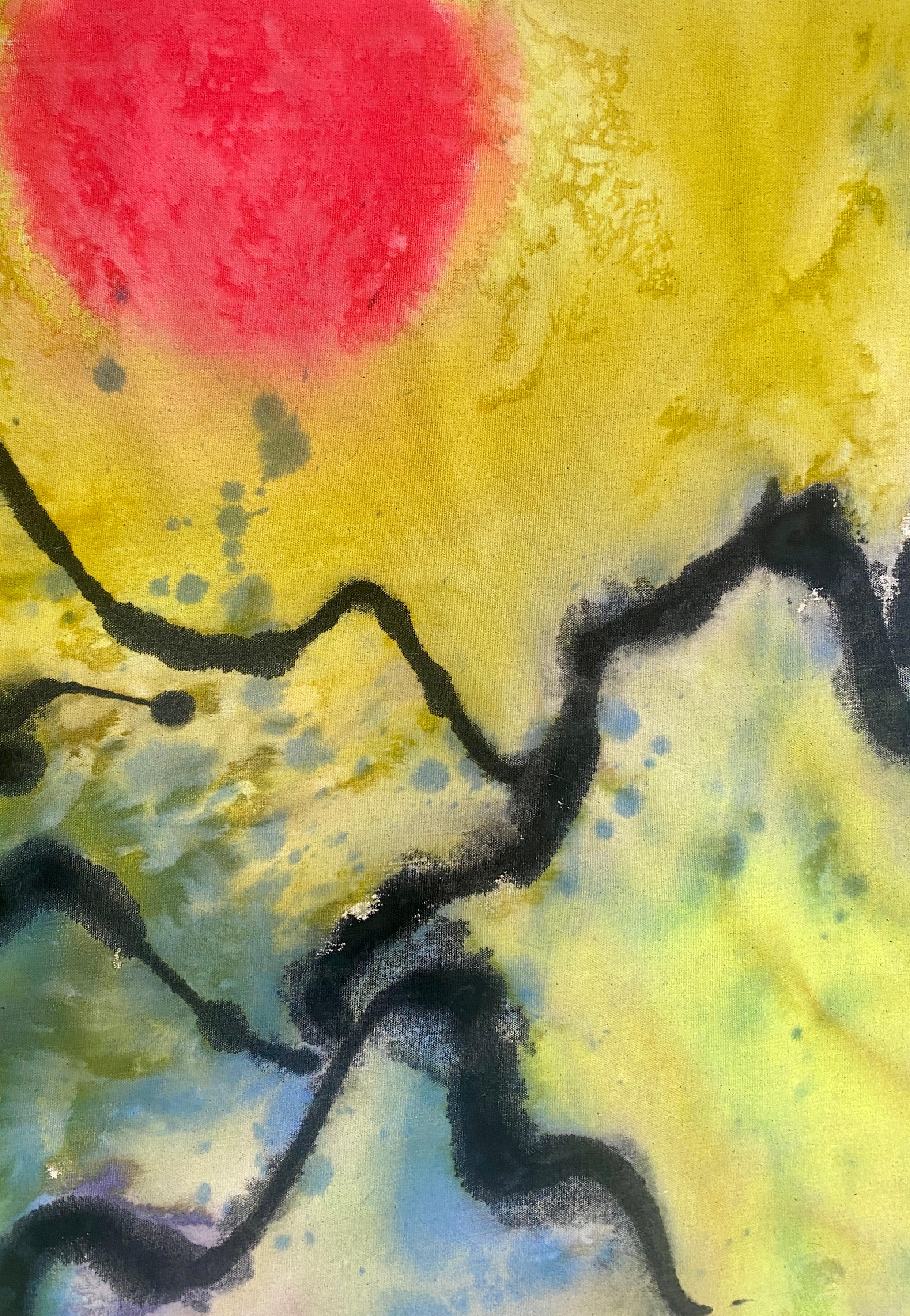 Eden – farbenfrohes abstraktes Landschaftsgemälde in Schmelzverfahren, Acryl auf roher Leinwand (Abstrakter Expressionismus), Painting, von Elisa Niva