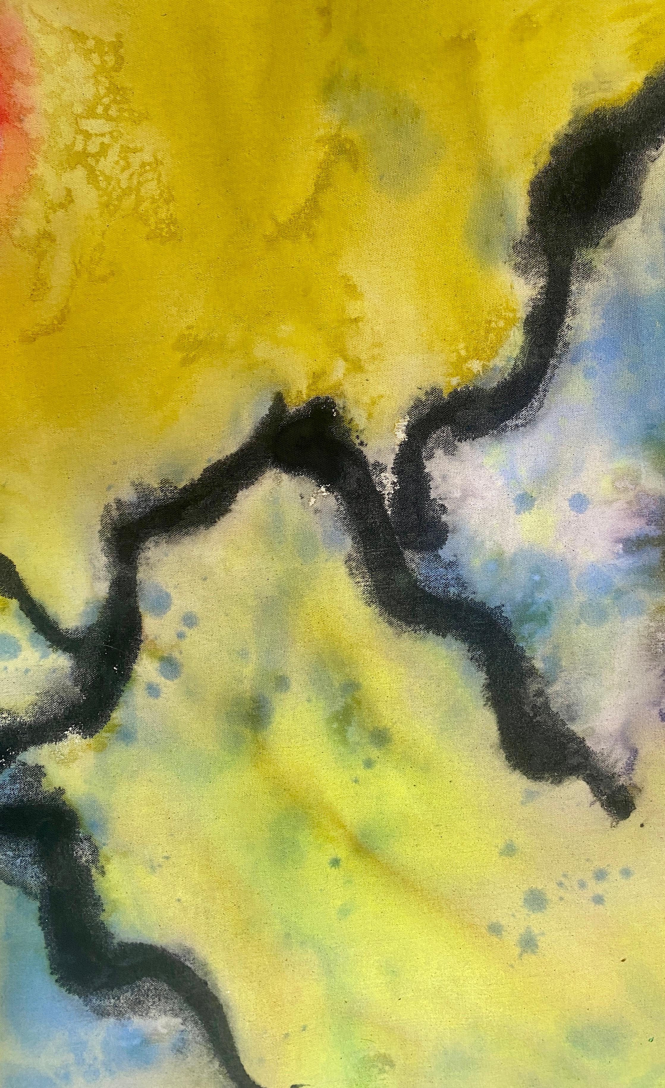 Eden – farbenfrohes abstraktes Landschaftsgemälde in Schmelzverfahren, Acryl auf roher Leinwand (Beige), Abstract Painting, von Elisa Niva