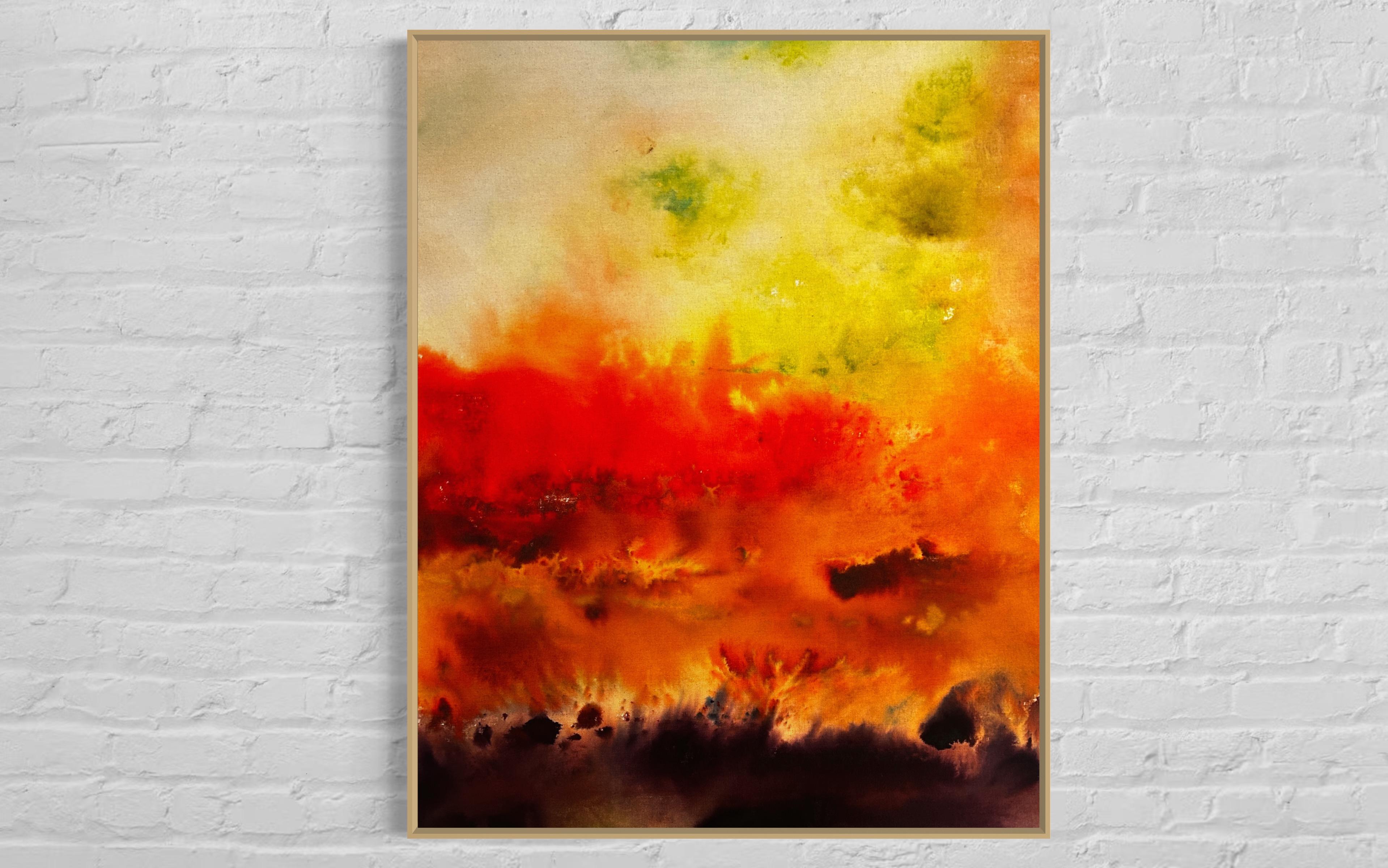 Fire Season'- abstrakte Nature-Szene, Farbfeld-Fleckenmalerei (Orange), Abstract Painting, von Elisa Niva