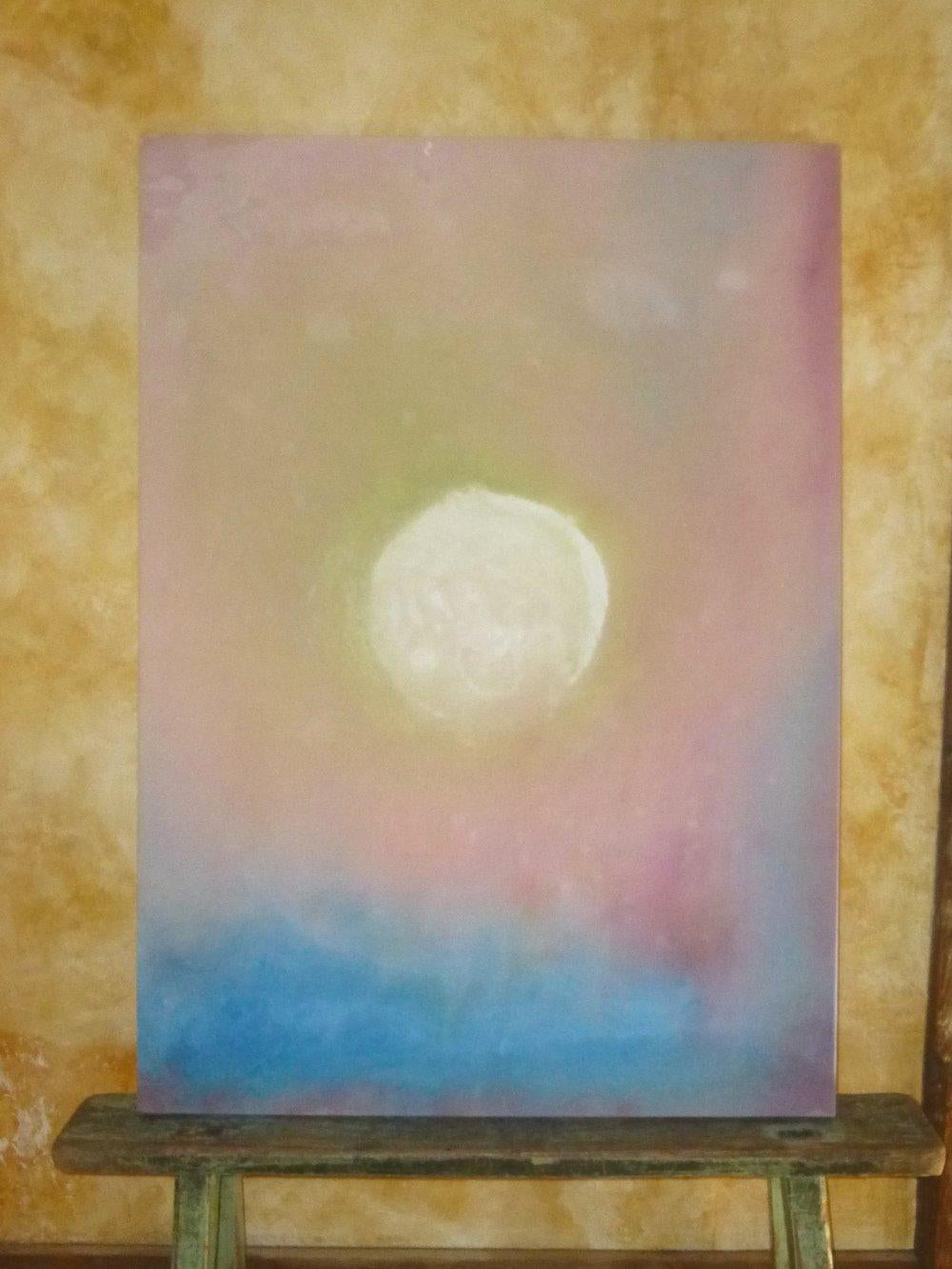 Moon Rising - Peinture abstraite à la teinture acrylique sur toile brute - Painting de Elisa Niva