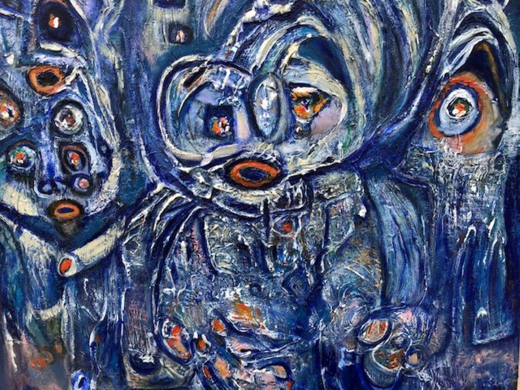 Painting, Layers of Paint, Blue, Abstract, Figures, Circles, by Female Artist For Sale 1