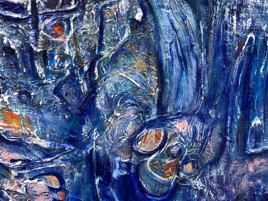 Painting, Layers of Paint, Blue, Abstract, Figures, Circles, by Female Artist For Sale 3