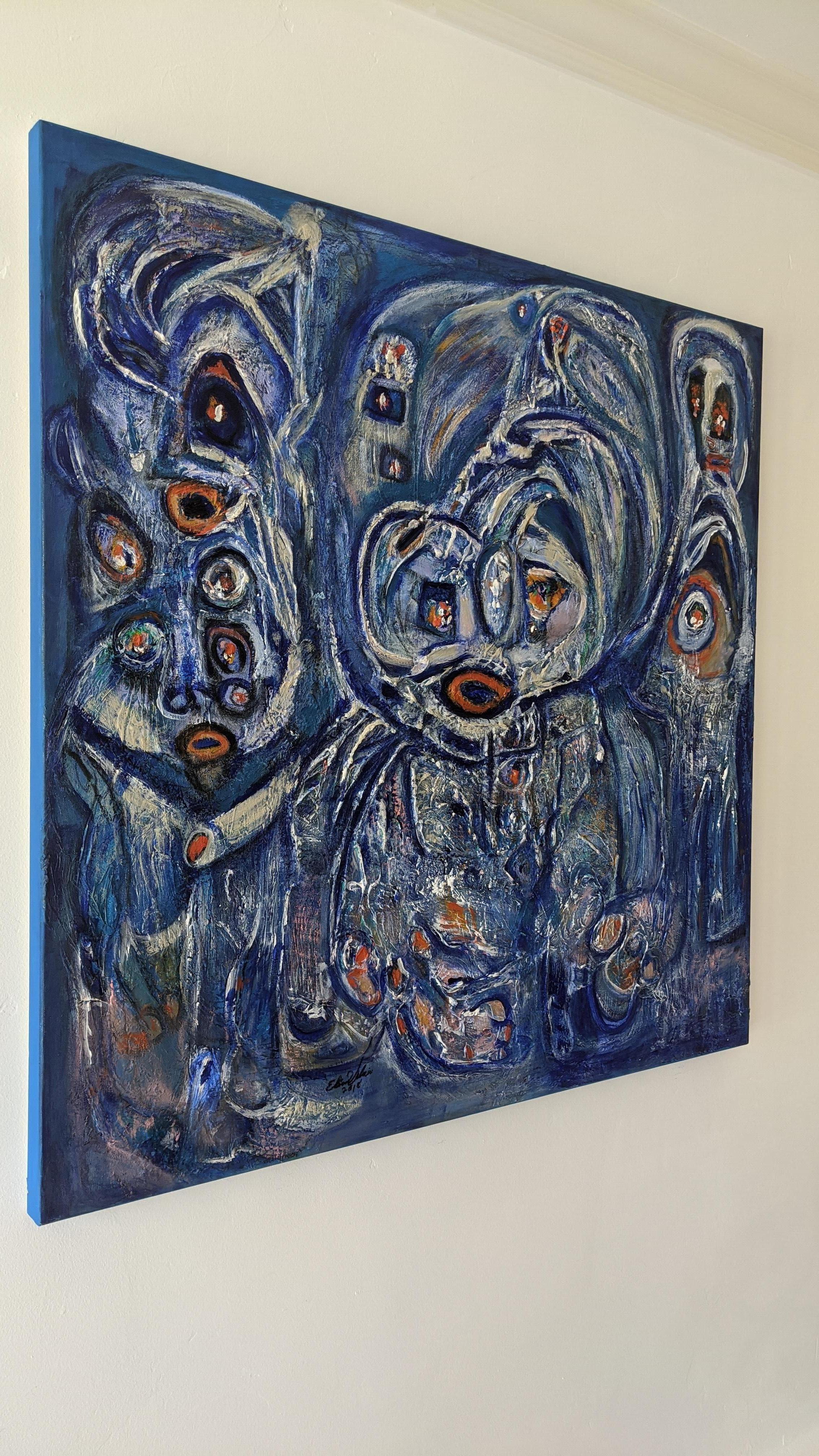 Painting, Layers of Paint, Blue, Abstract, Figures, Circles, by Female Artist For Sale 4
