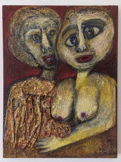 Painting, Layers of Paint, Gold, Red, Faces, Expressive, Couple, Female Artist