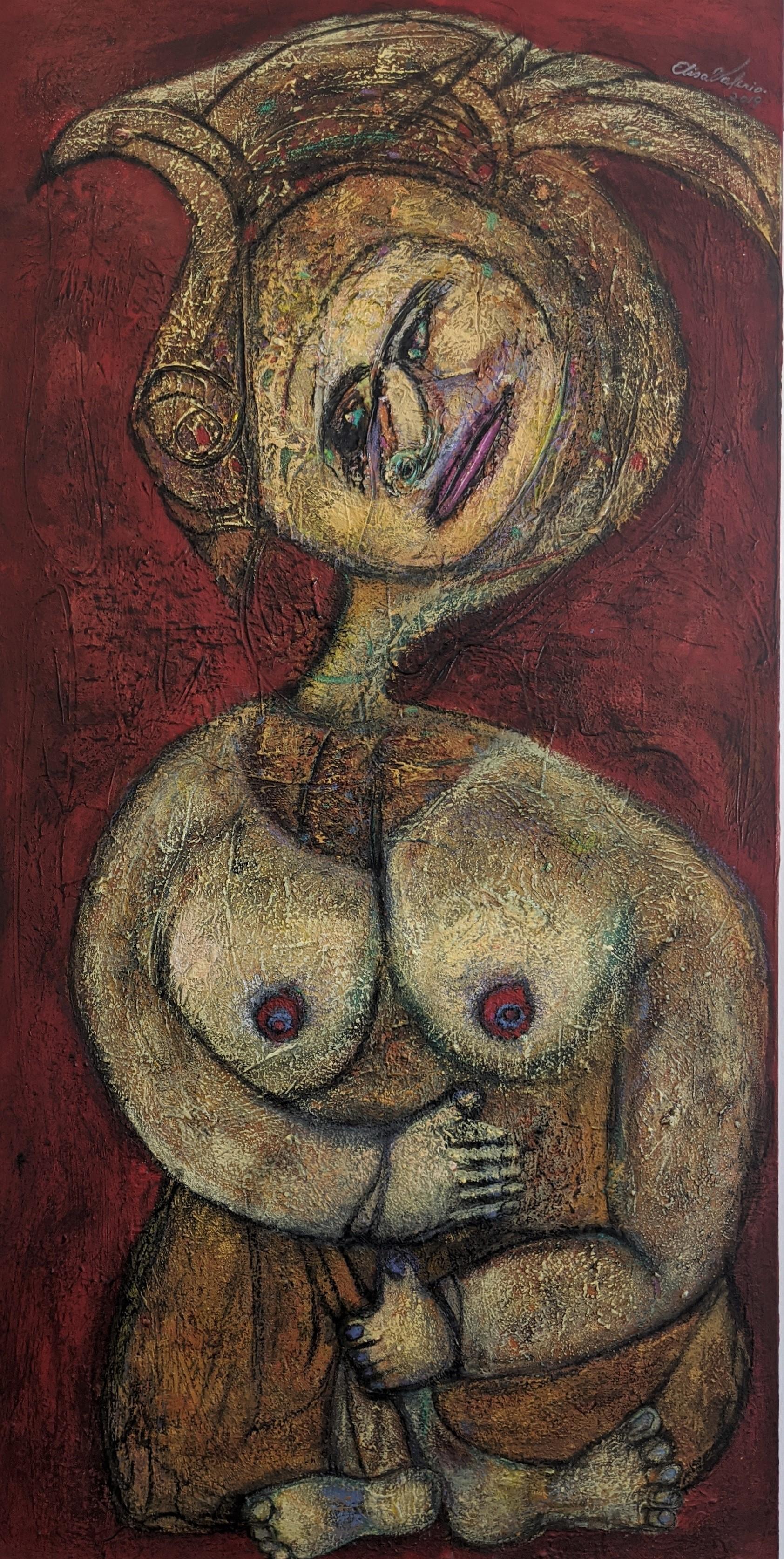 Painting, Layers of Paint, Gold, Red, Female Artist, Queen by Valerio - Black Nude Painting by Elisa Valerio