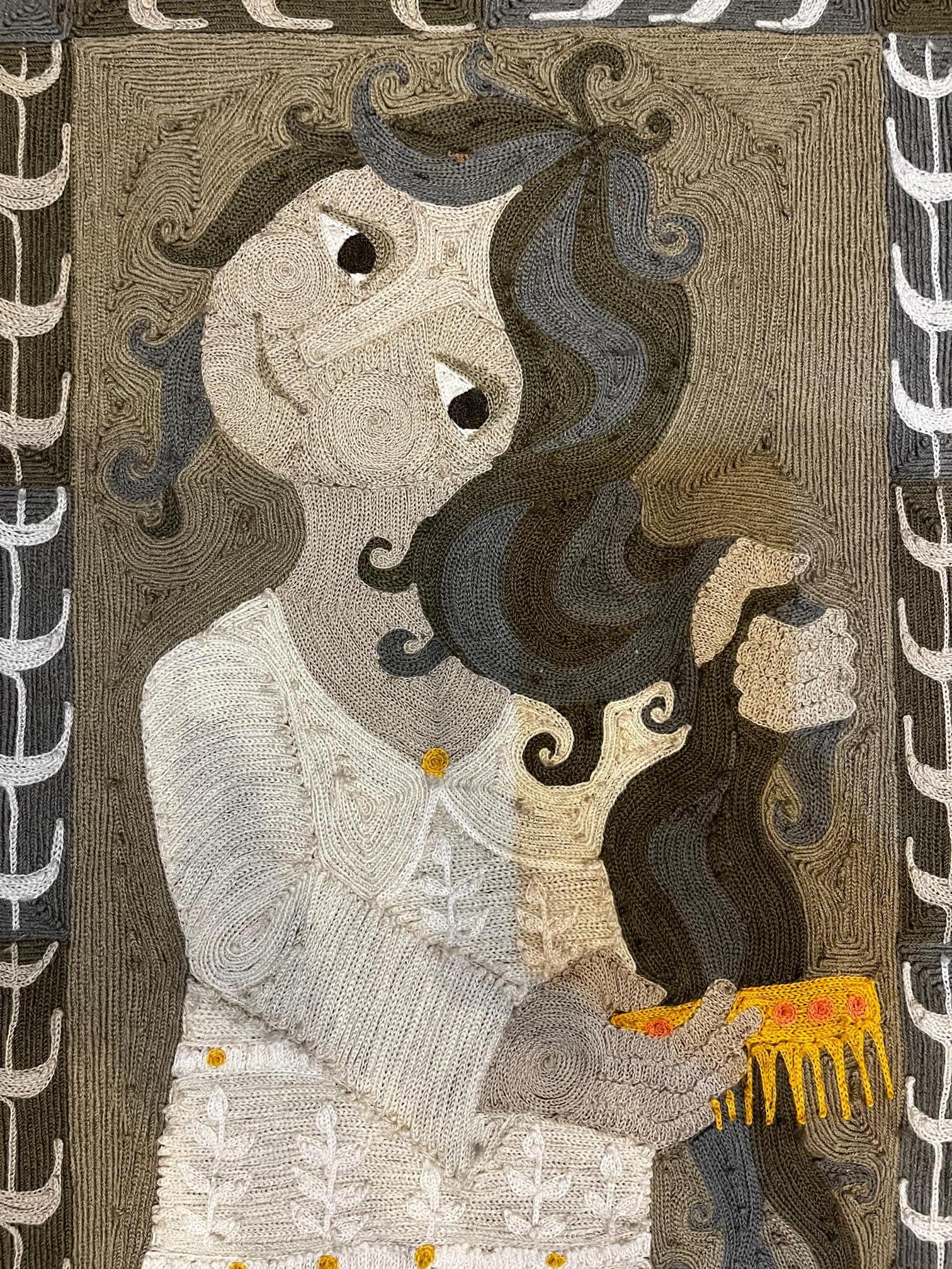 Elisabeth Baillon, Tapestry,
The girl with the comb
signed in the right corner,
cotton,
circa 1960, France.
Good condition.
Height 62 cm, width 31 cm, depth 1 mm.
