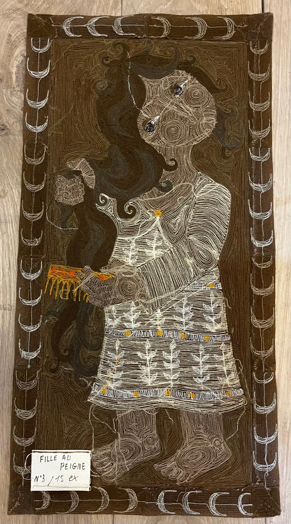 Elisabeth Baillon, Tapestry, the Girl with the Comb, circa 1960, France In Good Condition For Sale In Nice, Cote d' Azur
