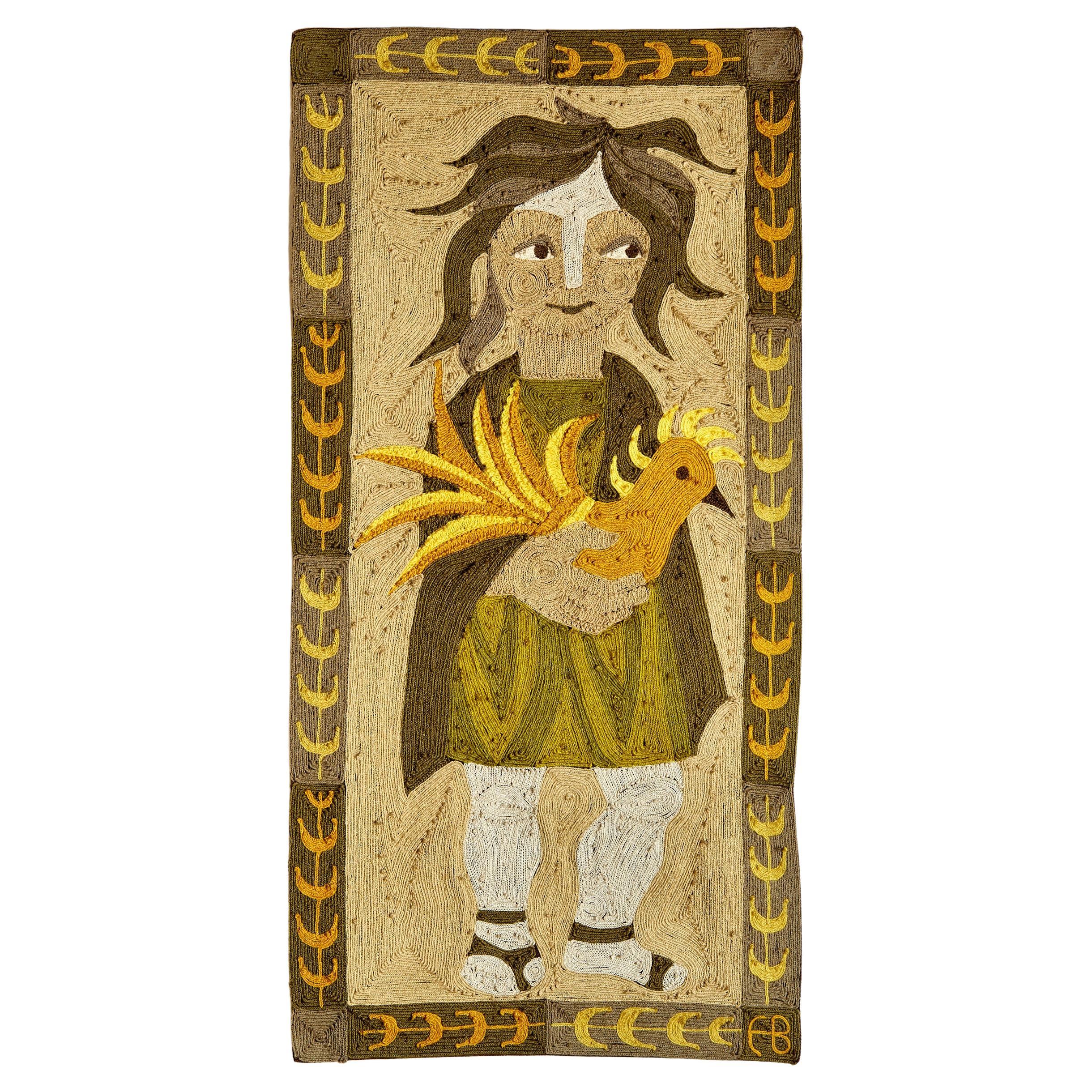 Elisabeth Baillon, Tapestry, the Girl with the Rooster, circa 1960, France For Sale