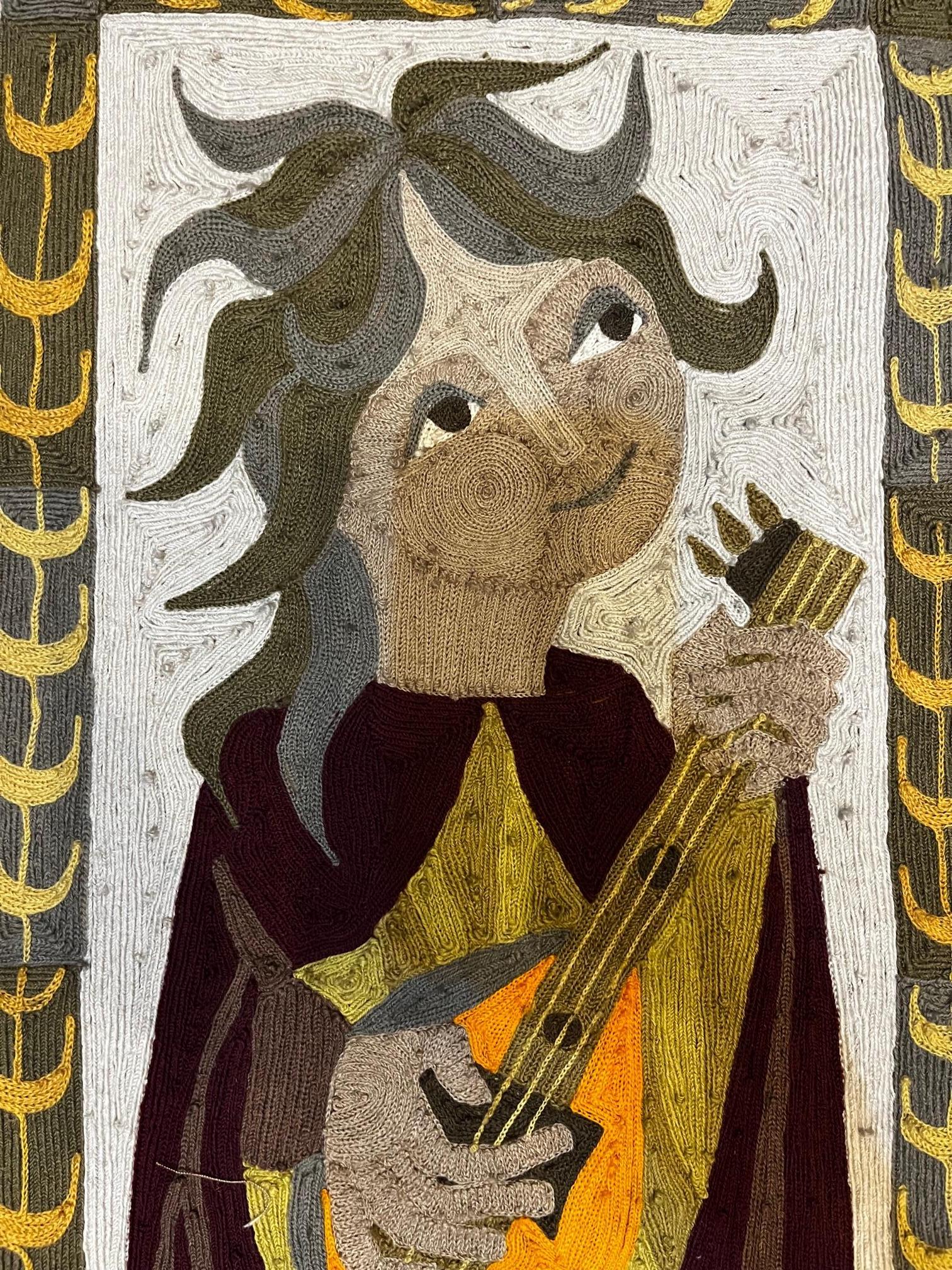 Elisabeth Baillon, Tapestry,
the lute player,
signed with brown thread in the left corner,
cotton,
circa 1960, France.
Good condition.
Height 62 cm, width 30 cm, depth 1 mm.