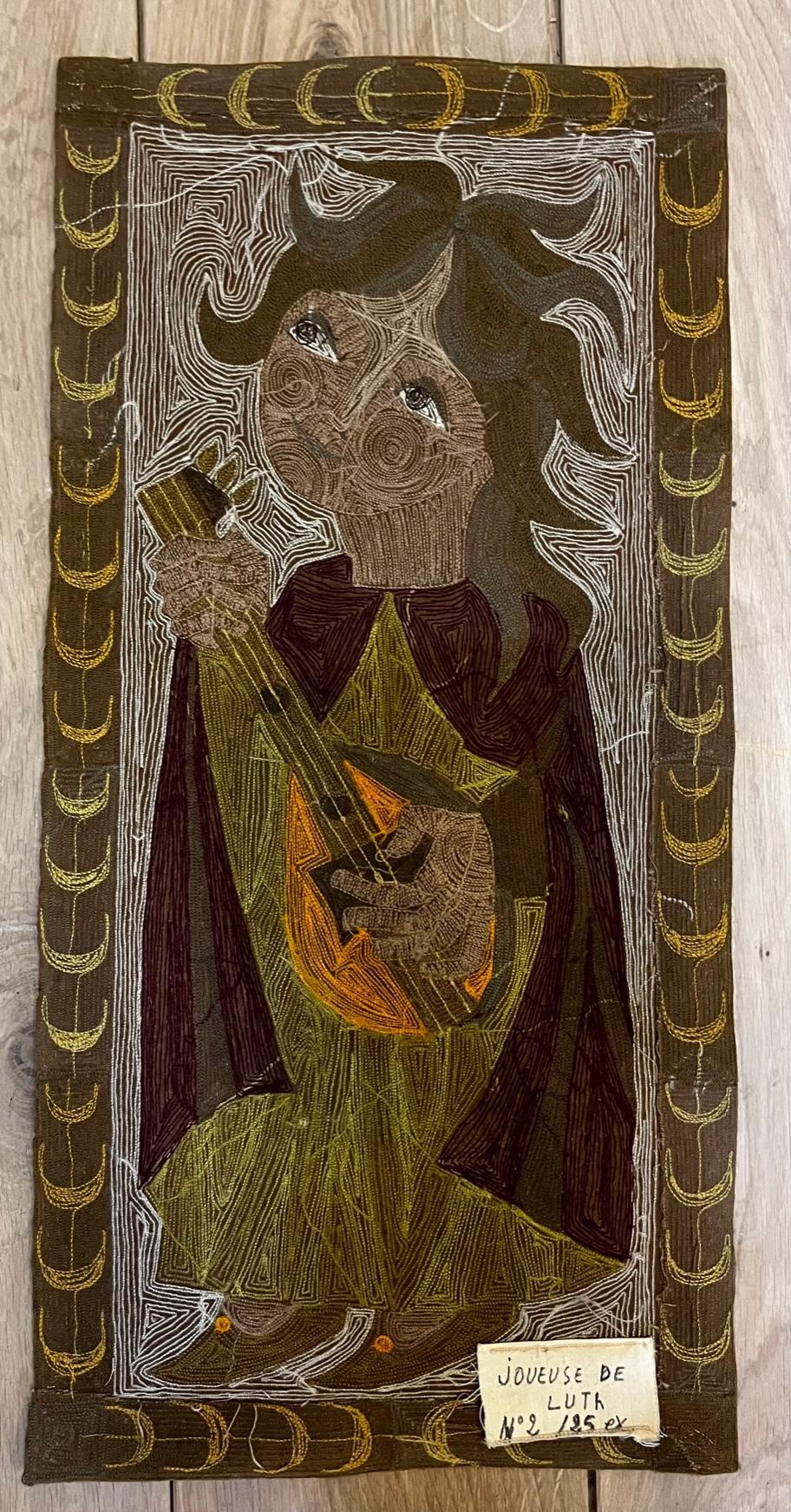 Modern Elisabeth Baillon, Tapestry, the Lute Player, circa 1960, France For Sale