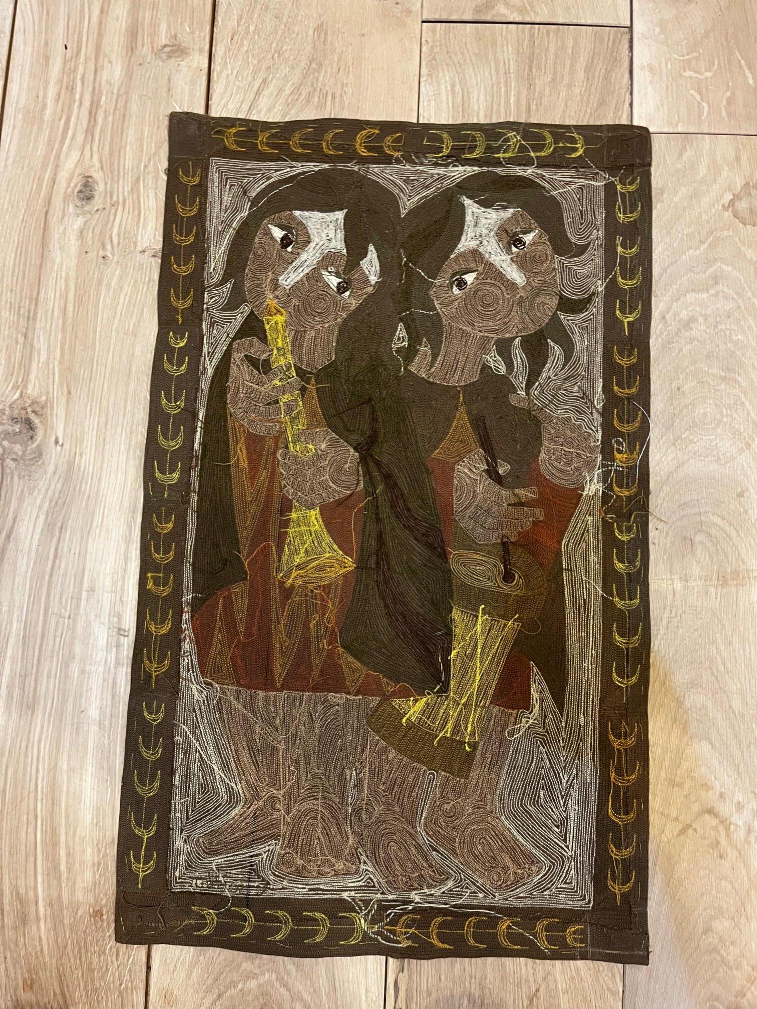 French Elisabeth Baillon, Tapestry, the Two Musicians, circa 1960, France For Sale