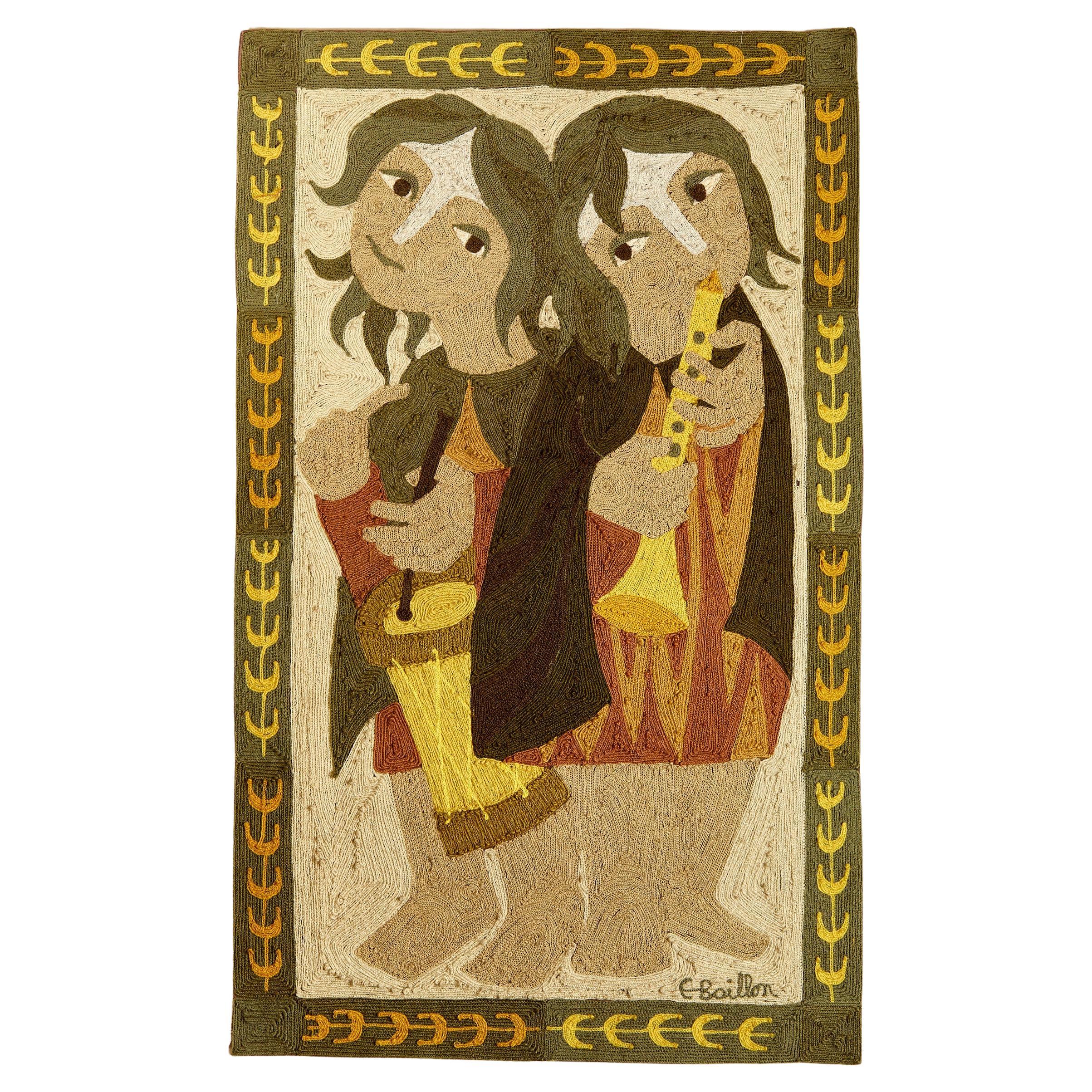 Elisabeth Baillon, Tapestry, the Two Musicians, circa 1960, France For Sale