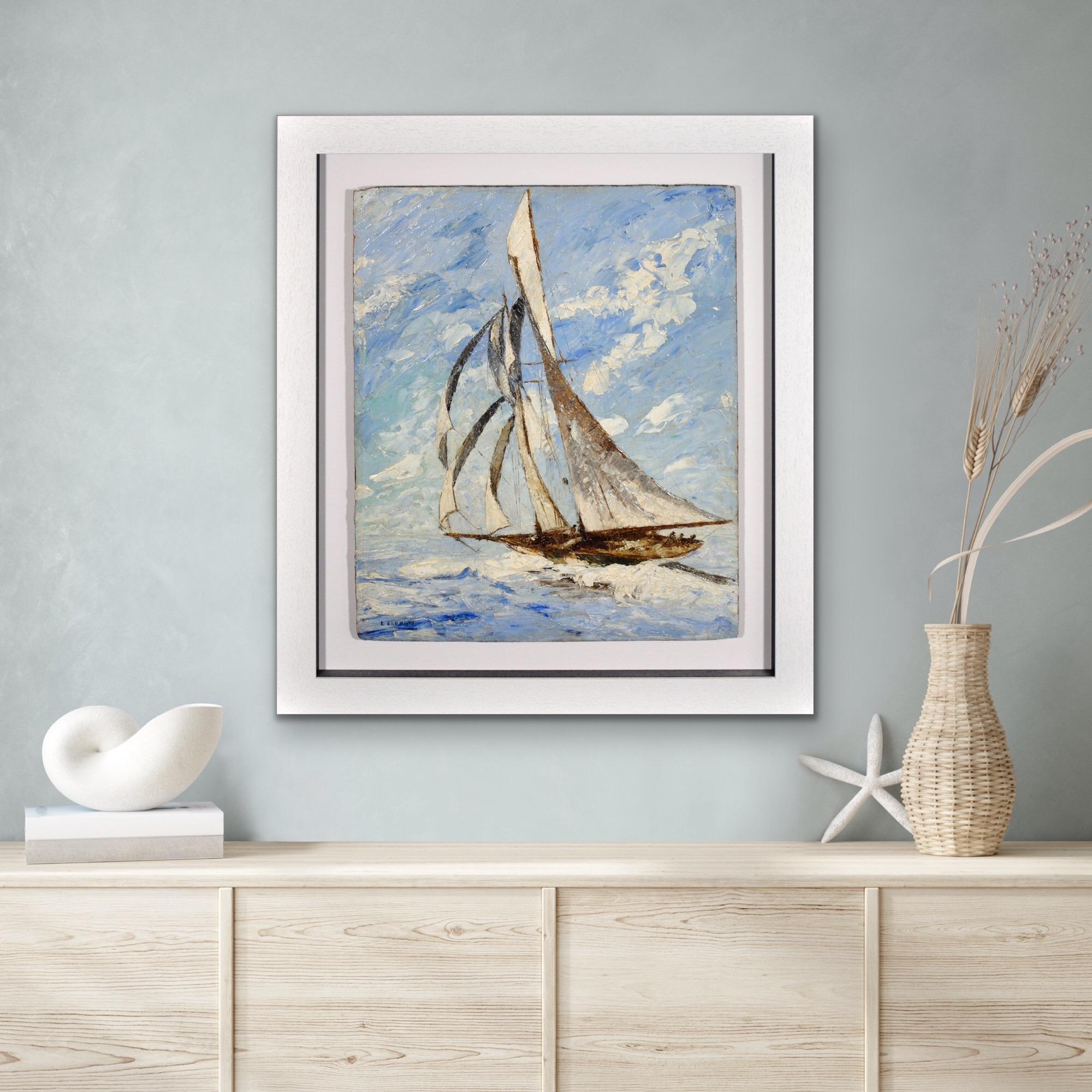 Elegant Sailing Yacht Framed French Romantic 1930s Nautical Impasto Oil Painting For Sale 6