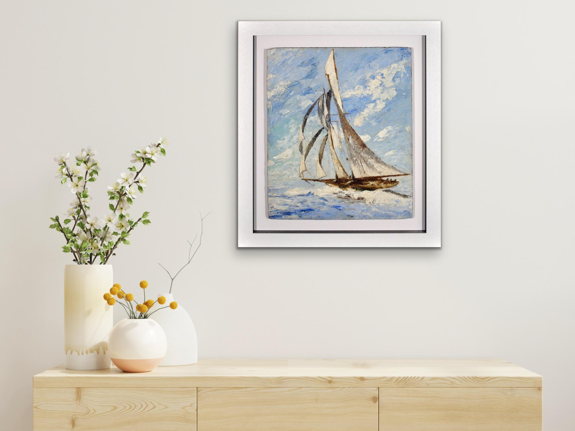 Elegant Sailing Yacht Framed French Romantic 1930s Nautical Impasto Oil Painting For Sale 8
