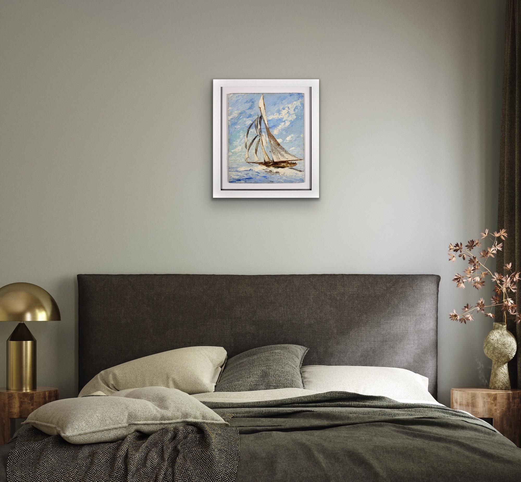 Elegant Sailing Yacht Framed French Romantic 1930s Nautical Impasto Oil Painting For Sale 16