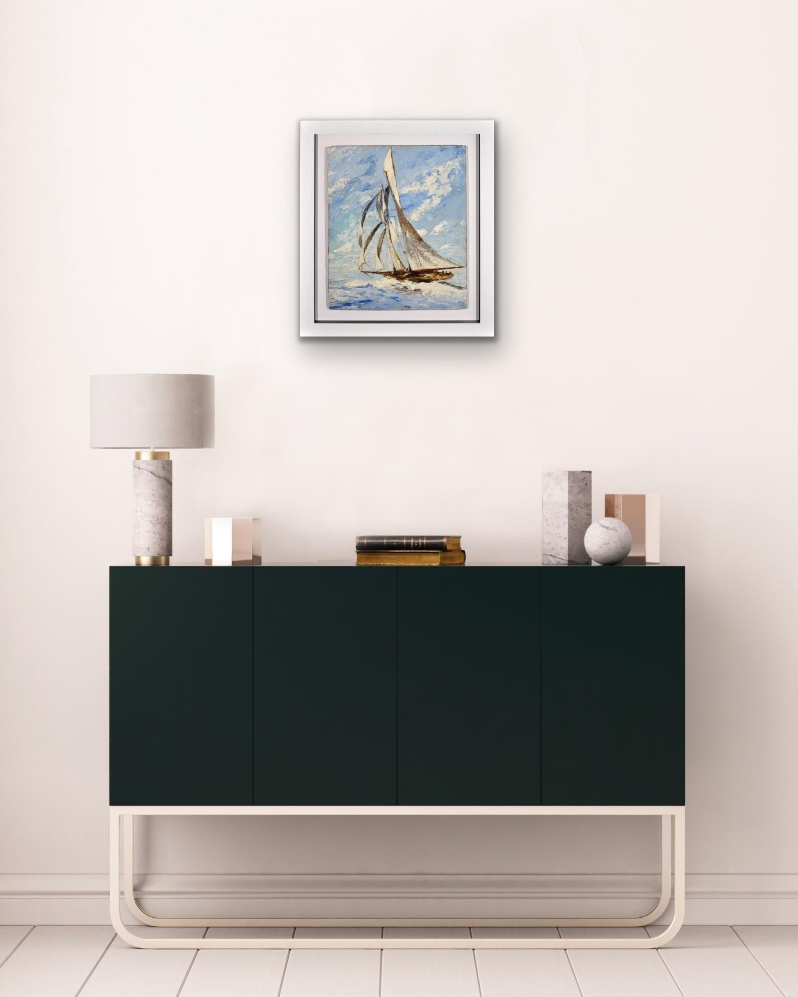 Elegant Sailing Yacht Framed French Romantic 1930s Nautical Impasto Oil Painting For Sale 3