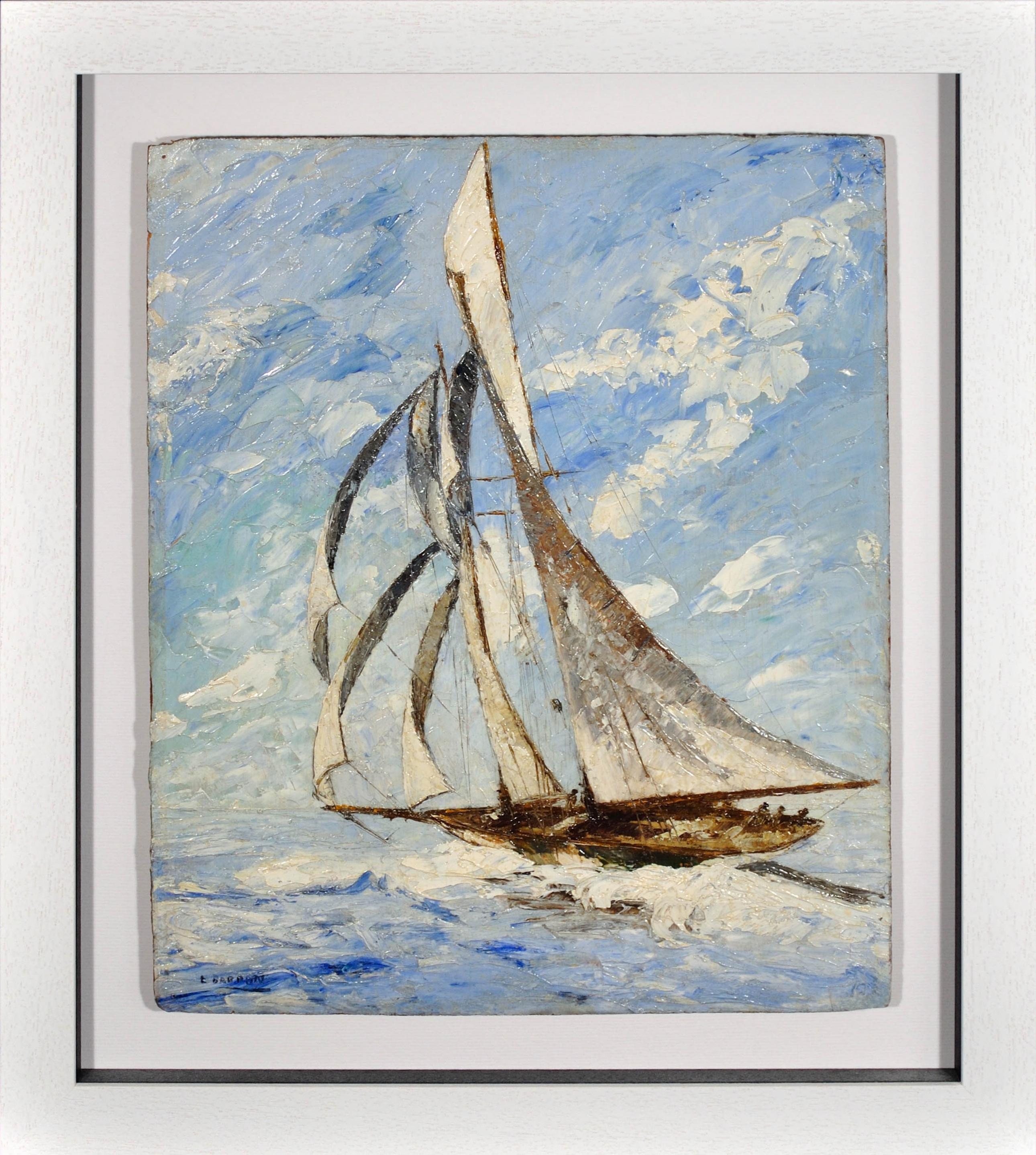 Elisabeth Bardon Landscape Painting - Elegant Sailing Yacht Framed French Romantic 1930s Nautical Impasto Oil Painting