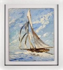 Elegant Sailing Yacht Framed French Romantic 1930s Nautical Impasto Oil Painting