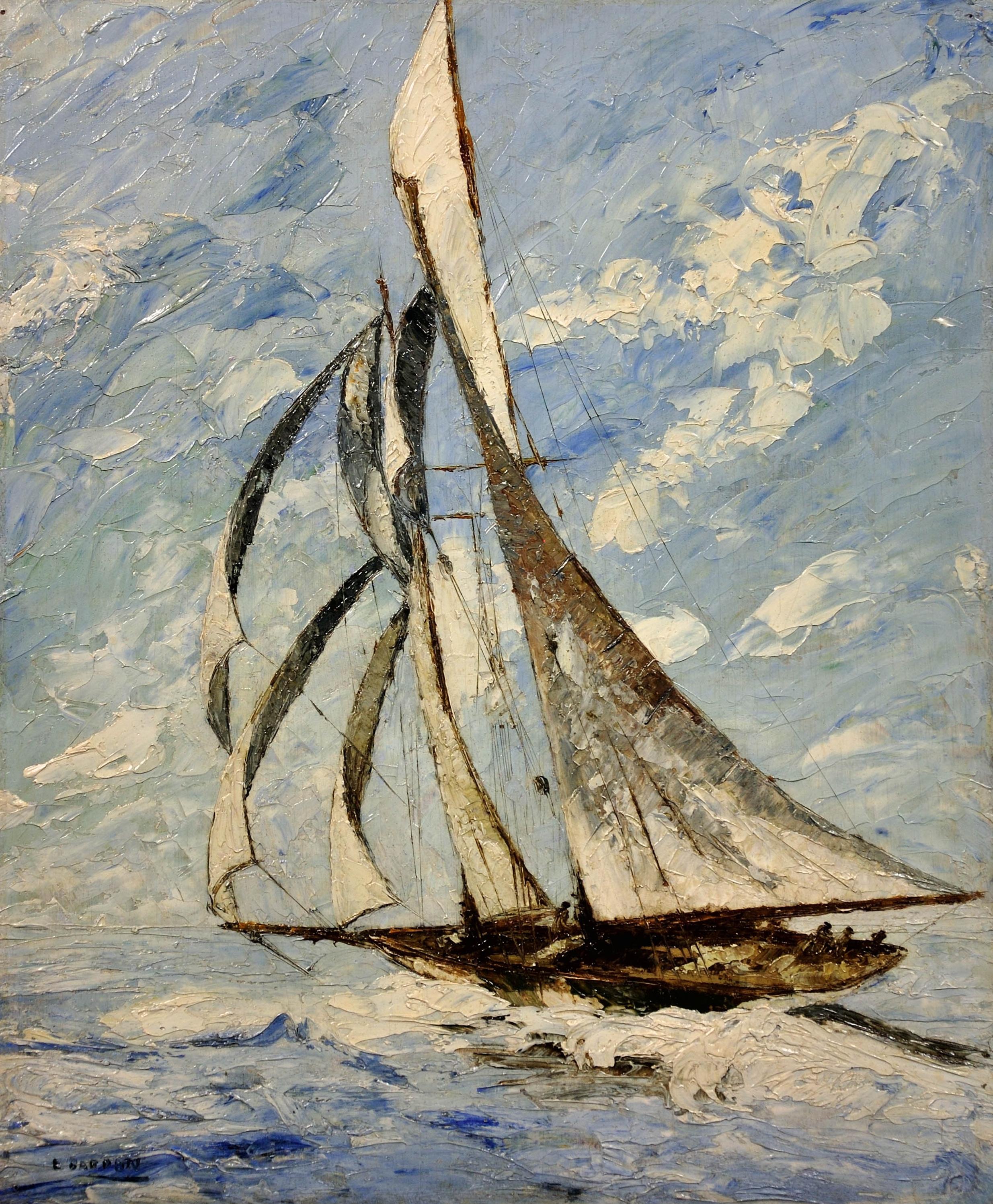 Ocean Gypsy. Sheets Down, Turning to Windward. 1930s Yachting Sailing Decadence. - Painting by Elisabeth Bardon