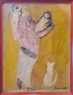 Mother, Child and Cat, 'Chagallesque' Mixed Media on Canvas