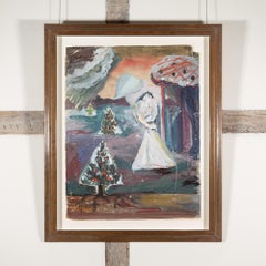A Dream - 20th Century Modernist Surreal Painting with Landscape, Trees + Figure